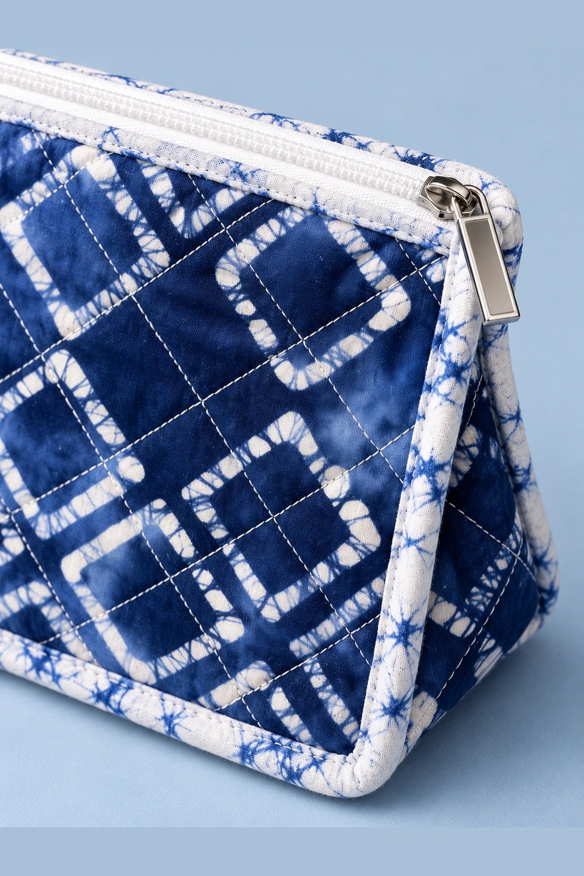 Quilted Batik Makeup Pouch in Blue Shibori Check print – close-up of zip and quilted batik | Shades of You