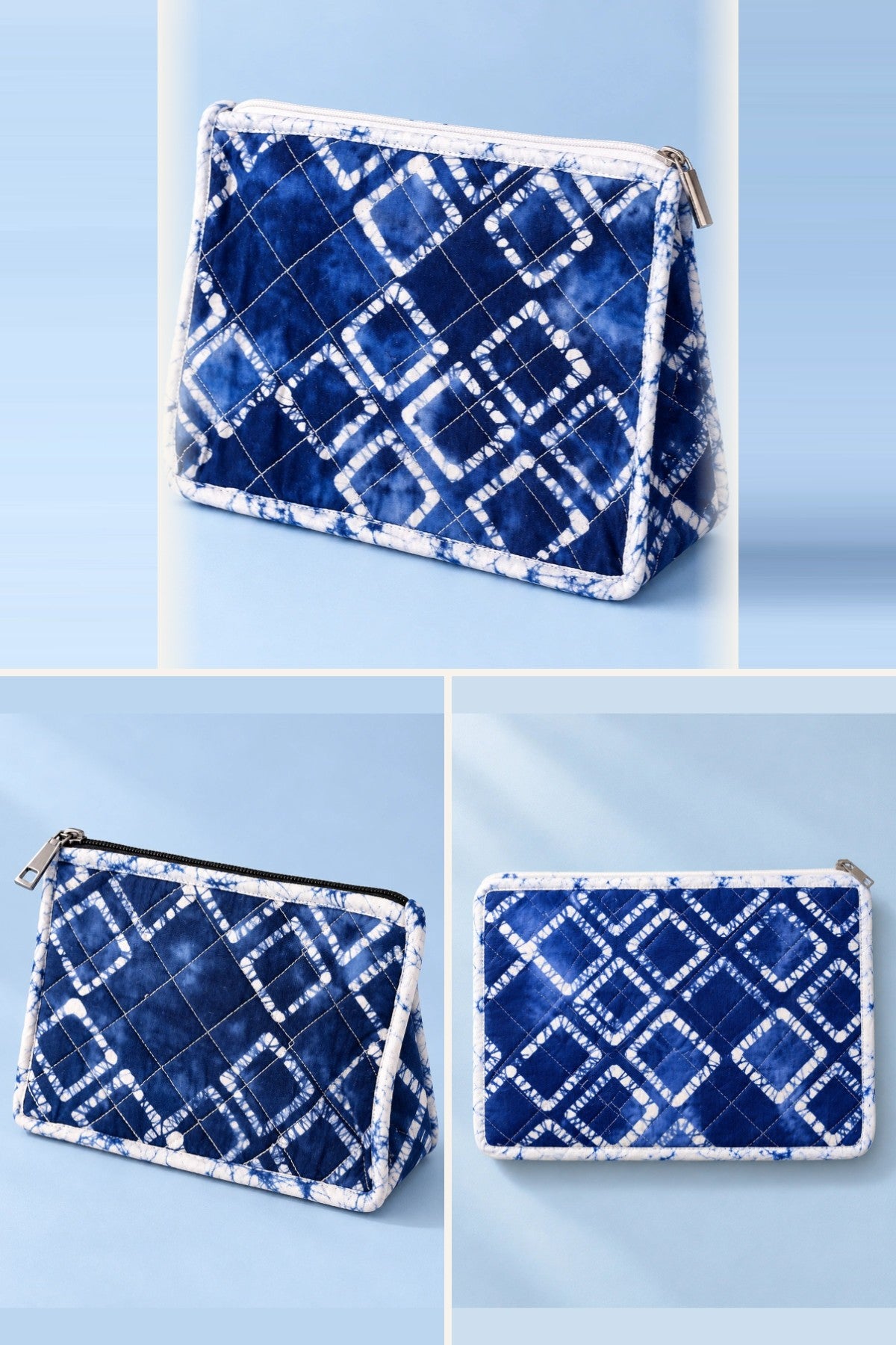 Blue Shibori Check Pouch Trio: makeup, utility and small pouch, in one batik print | Shades of You