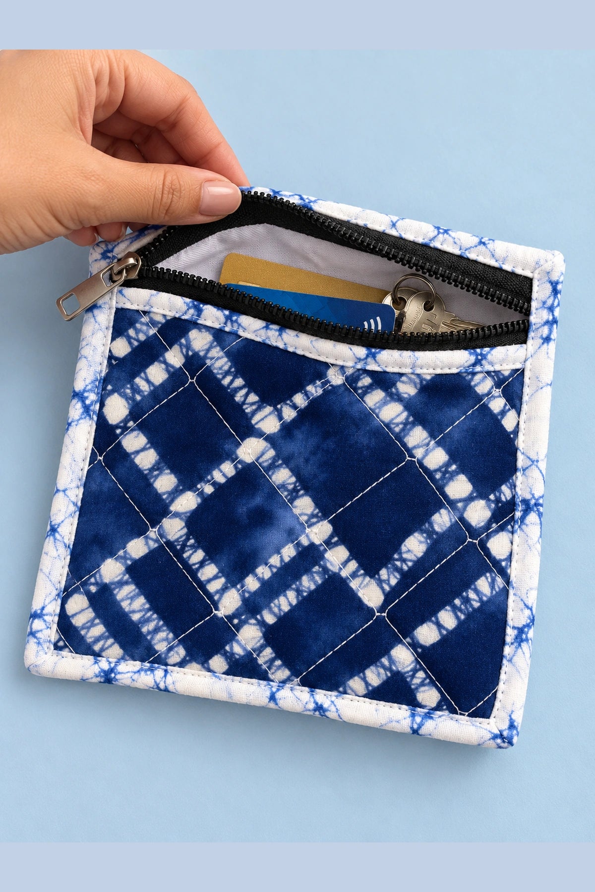 Coin Pouch in Blue Shibori Check print – open, showing keys and cards inside | Shades of You