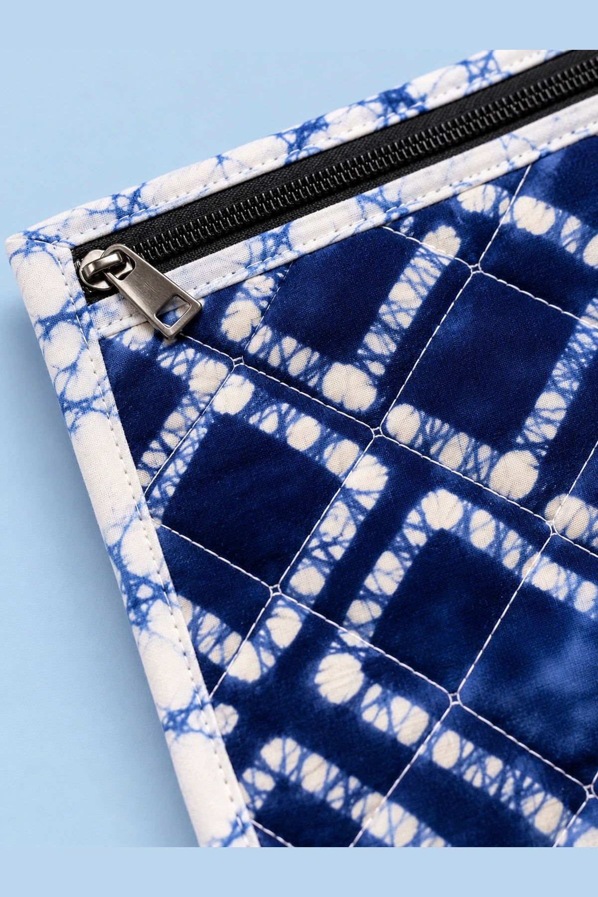 Coin Pouch in Blue Shibori Check print – close-up of quilted batik and zip | Shades of You