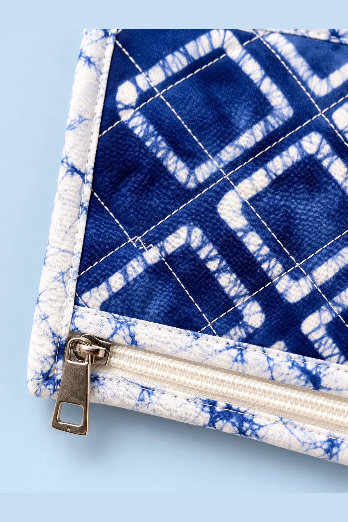 Coin Pouch in Blue Shibori Check print – corner and zip detail | Shades of You