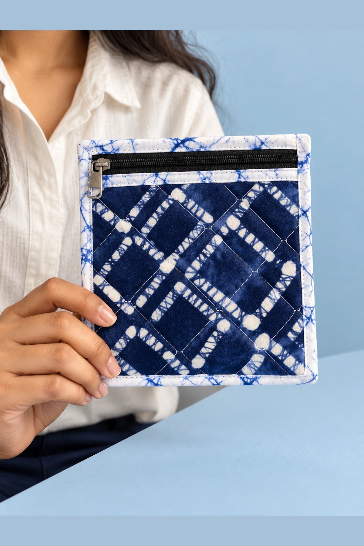 Coin Pouch in Blue Shibori Check print – held in hand | Shades of You
