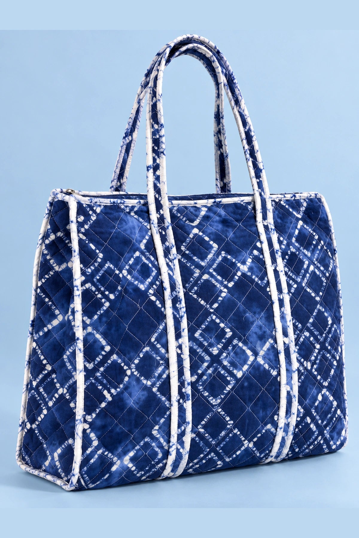 Quilted Batik Tote Bag in Blue Shibori Check print – front view | Shades of You