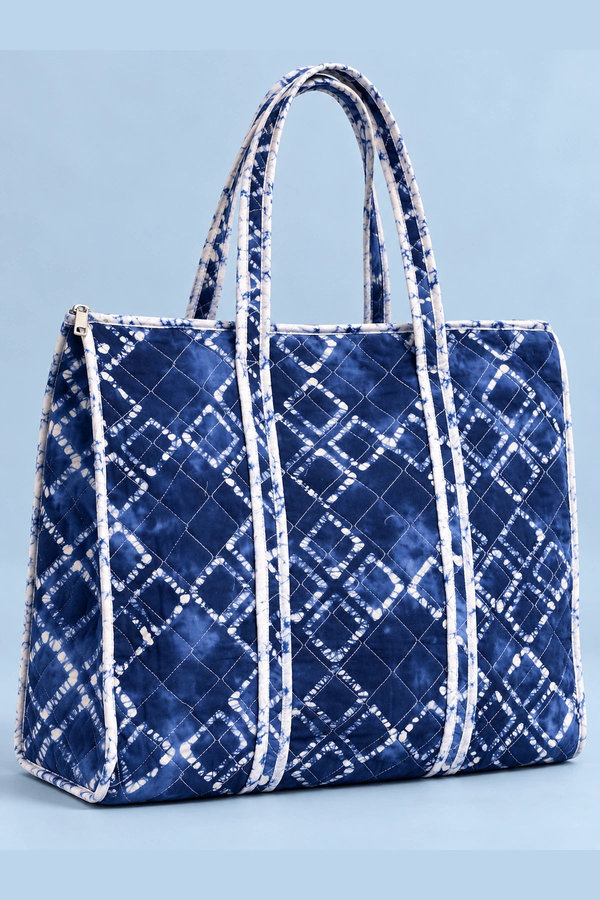 Quilted Batik Tote Bag in Blue Shibori Check print – back view | Shades of You