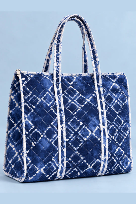 Quilted Batik Tote Bag in Blue Shibori Check print – back view | Shades of You, detail