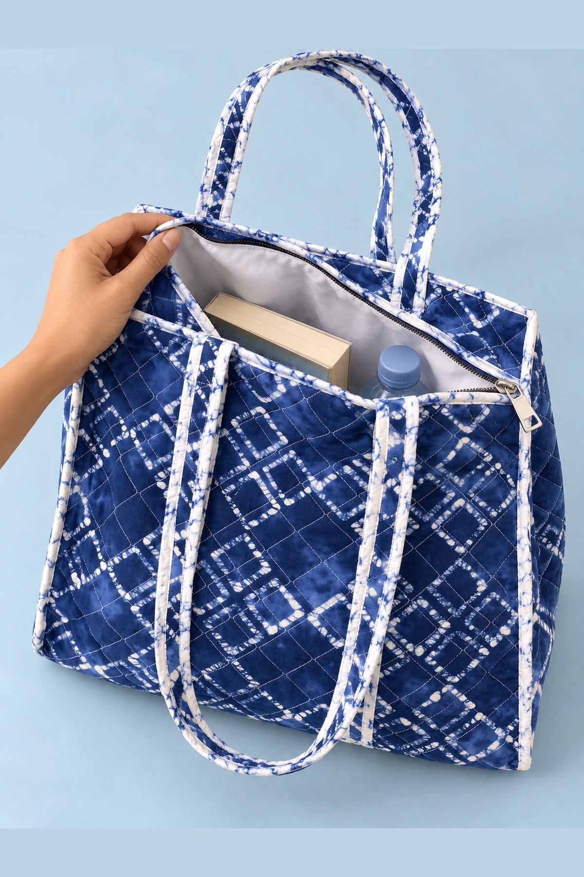 Quilted Batik Tote Bag in Blue Shibori Check print – open, showing the lined interior | Shades of You