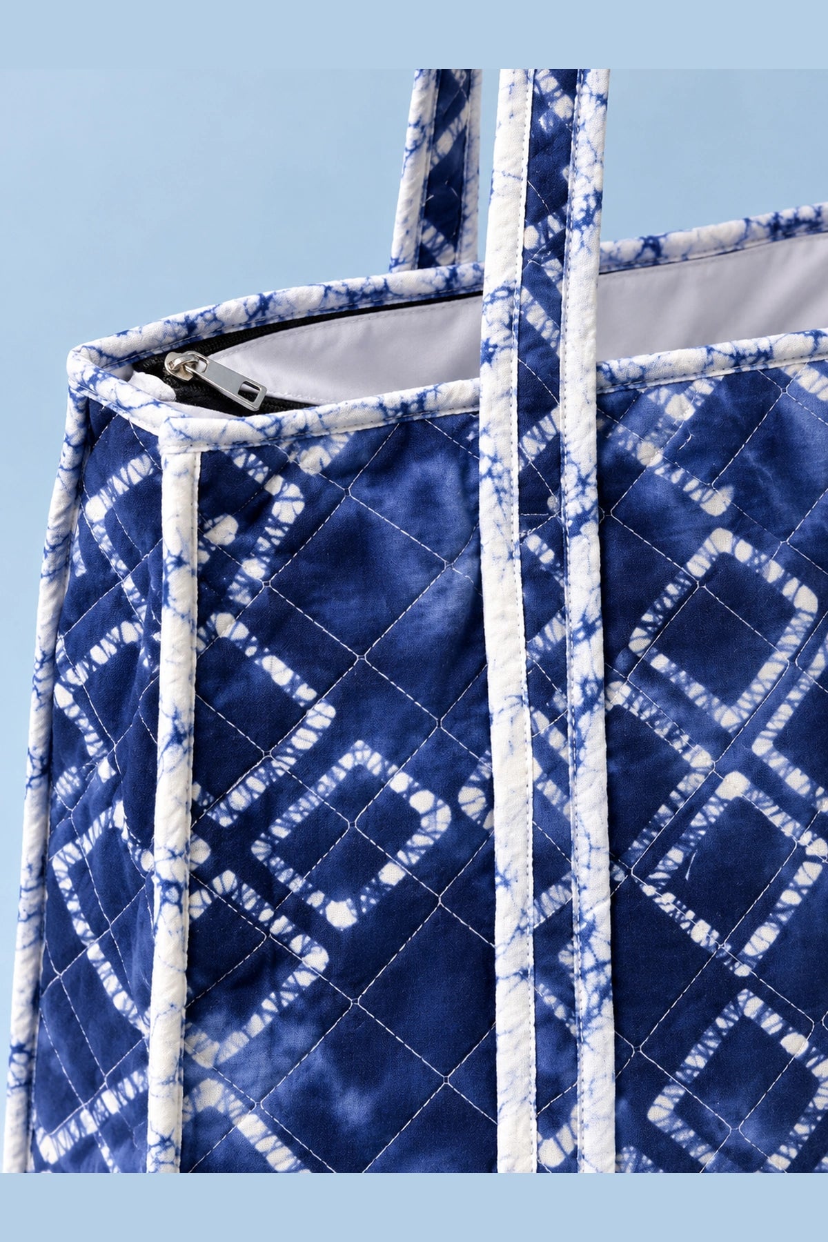 Quilted Batik Tote Bag in Blue Shibori Check print – close-up of zip and quilted batik | Shades of You