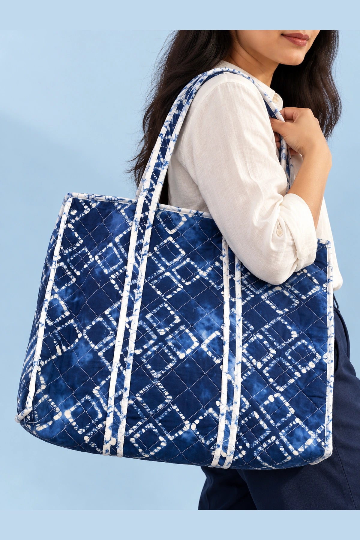 Quilted Batik Tote Bag in Blue Shibori Check print – held in hand | Shades of You