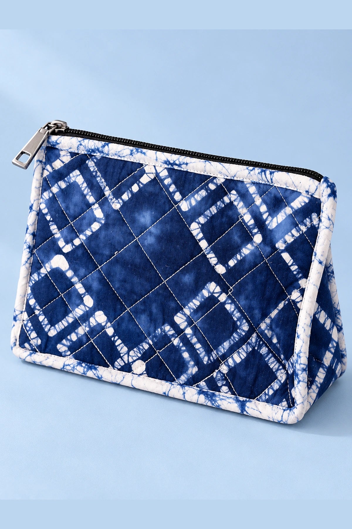 Quilted Batik Utility Pouch in Blue Shibori Check print – front view | Shades of You