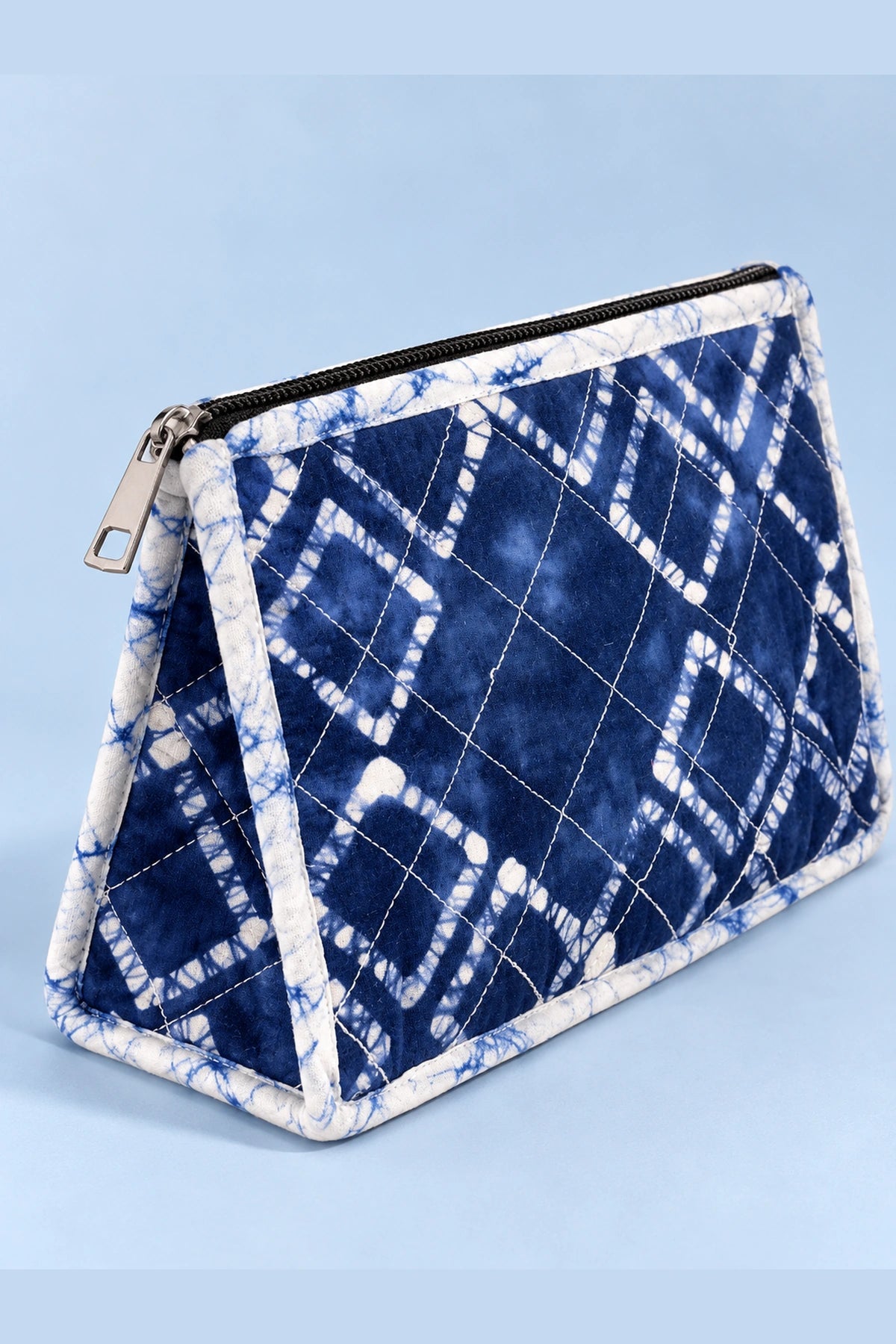 Quilted Batik Utility Pouch in Blue Shibori Check print – side view | Shades of You