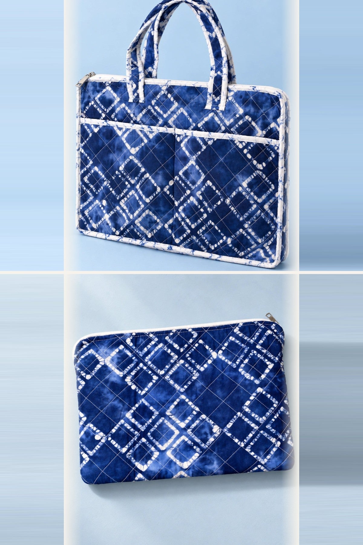 Blue Shibori Check Work Set: laptop bag and laptop sleeve, in one batik print | Shades of You