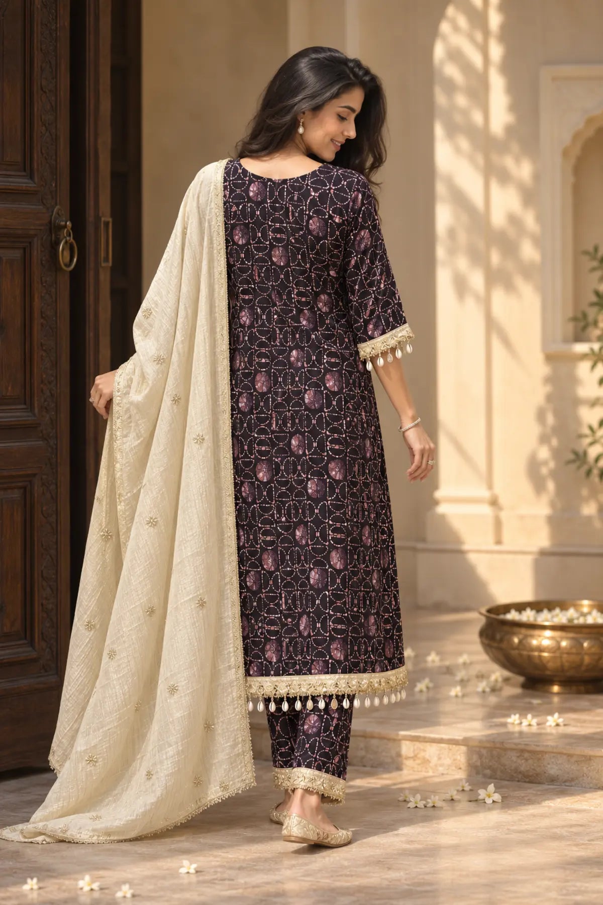 Brown Multi Batik Modal Pakistani Kurta Set - styled look