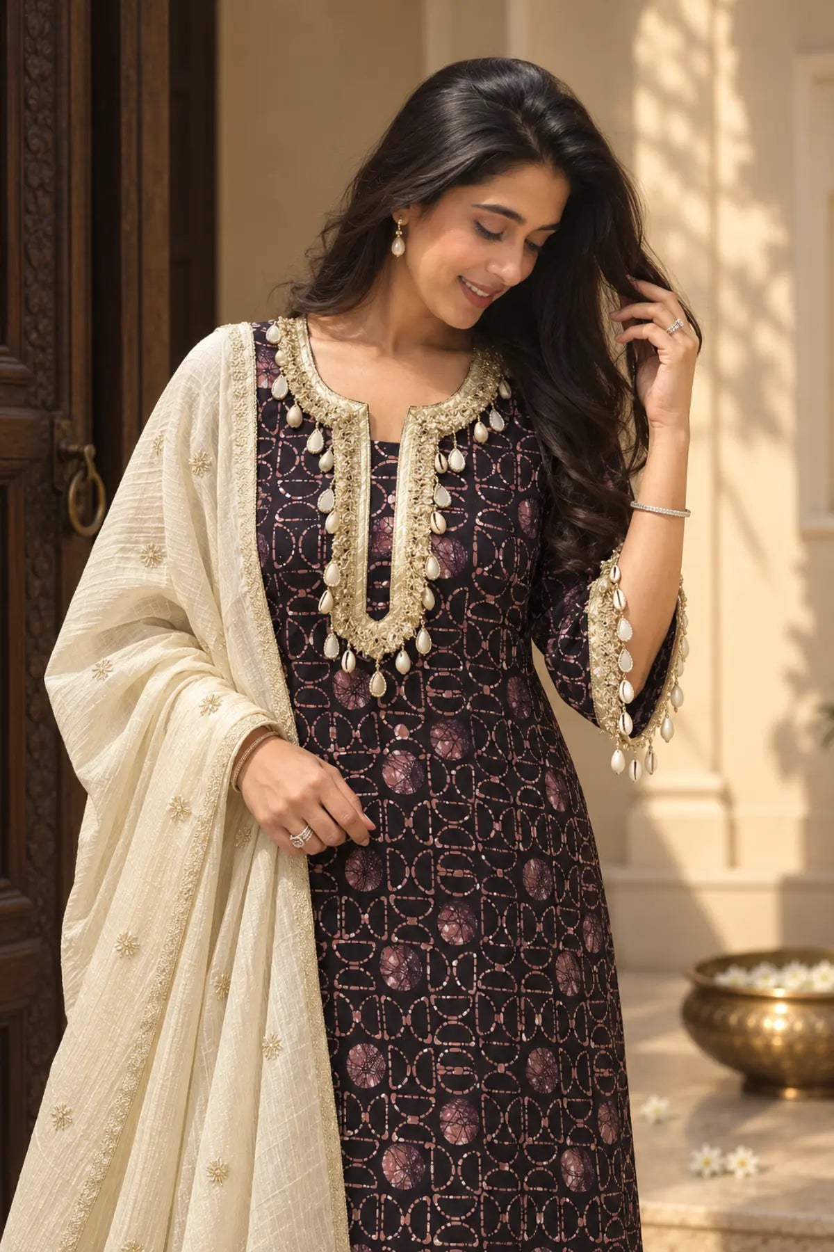 Brown Multi Batik Modal Pakistani Kurta Set - close-up detail