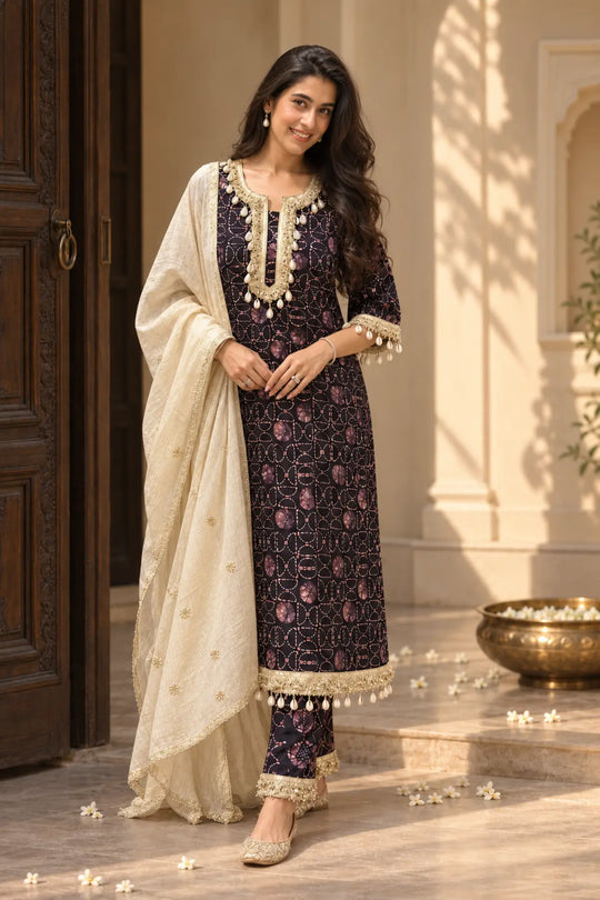 Brown Multi Batik Modal Pakistani Kurta Set - back view