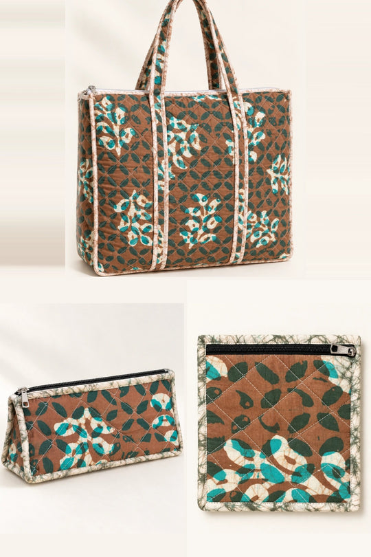 Brown Teal Leaf Everyday Set: tote, makeup pouch and coin pouch, in one batik print | Shades of You