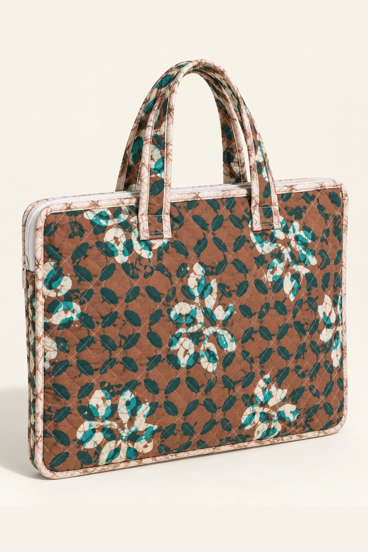 Quilted Batik Laptop Bag in Brown Teal Leaf print – back view | Shades of You