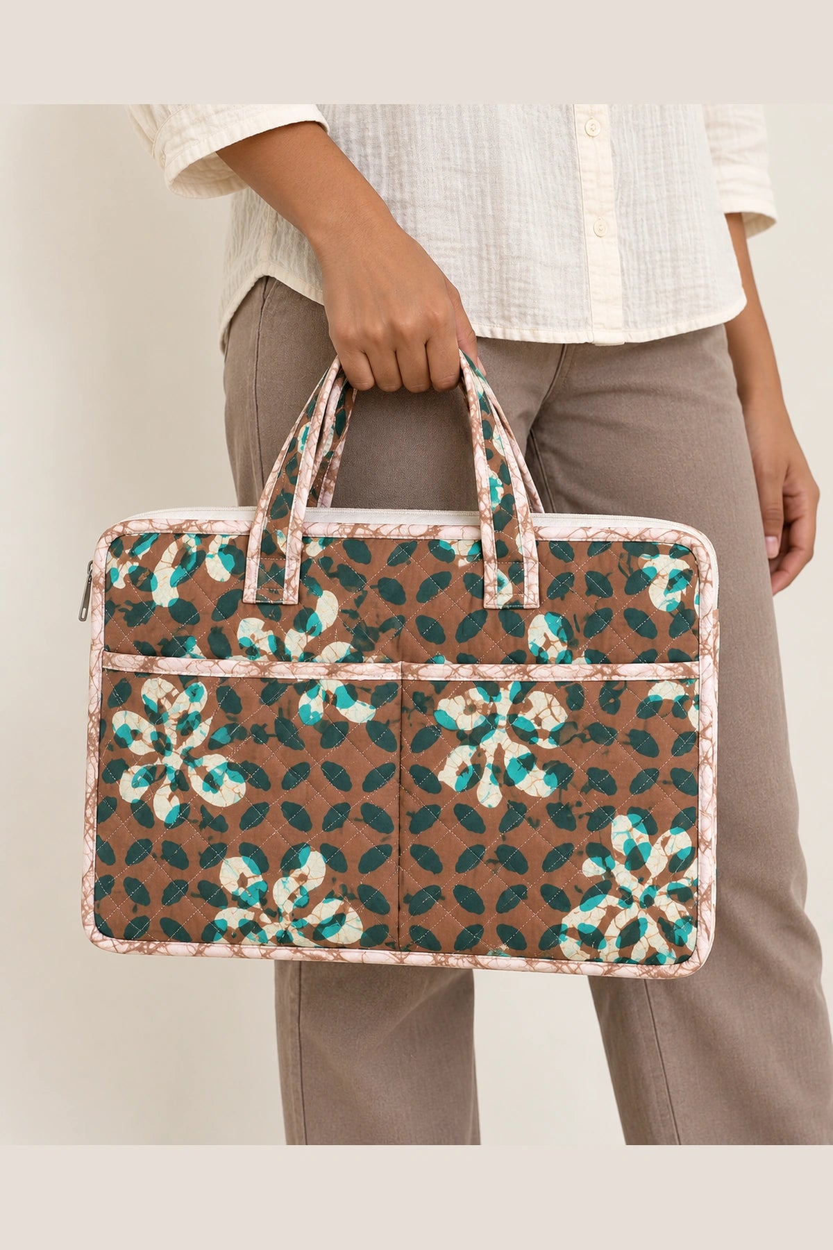 Quilted Batik Laptop Bag in Brown Teal Leaf print – carried by hand | Shades of You