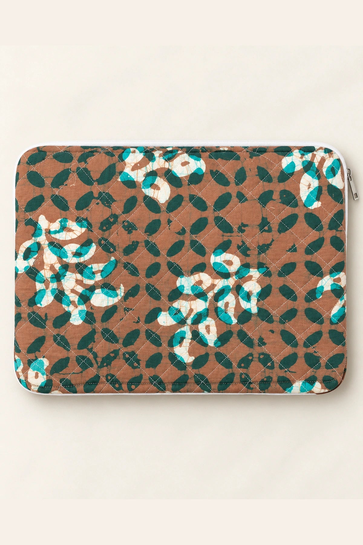 Quilted Batik Laptop Sleeve in Brown Teal Leaf print – front view | Shades of You