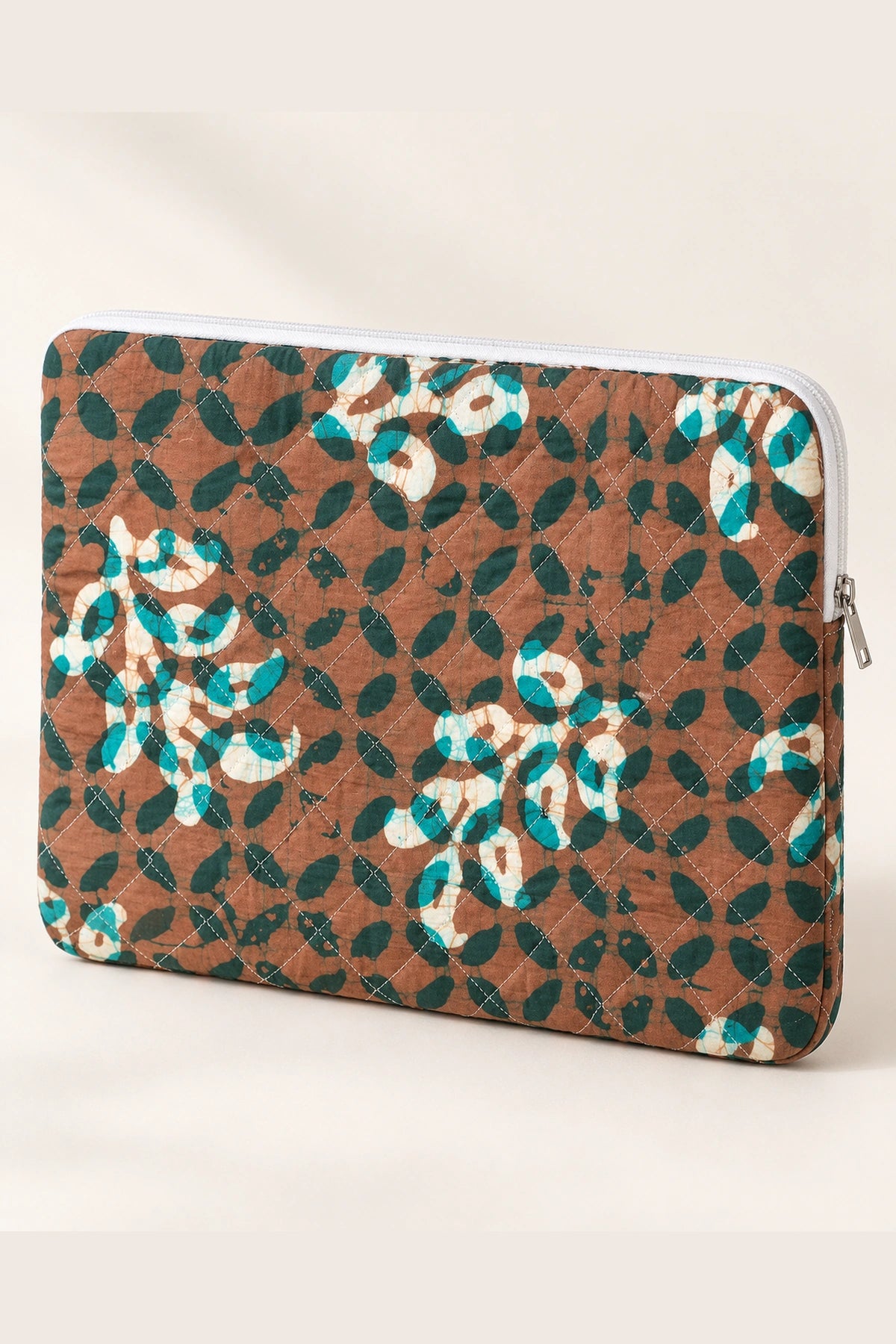Quilted Batik Laptop Sleeve in Brown Teal Leaf print – back view | Shades of You