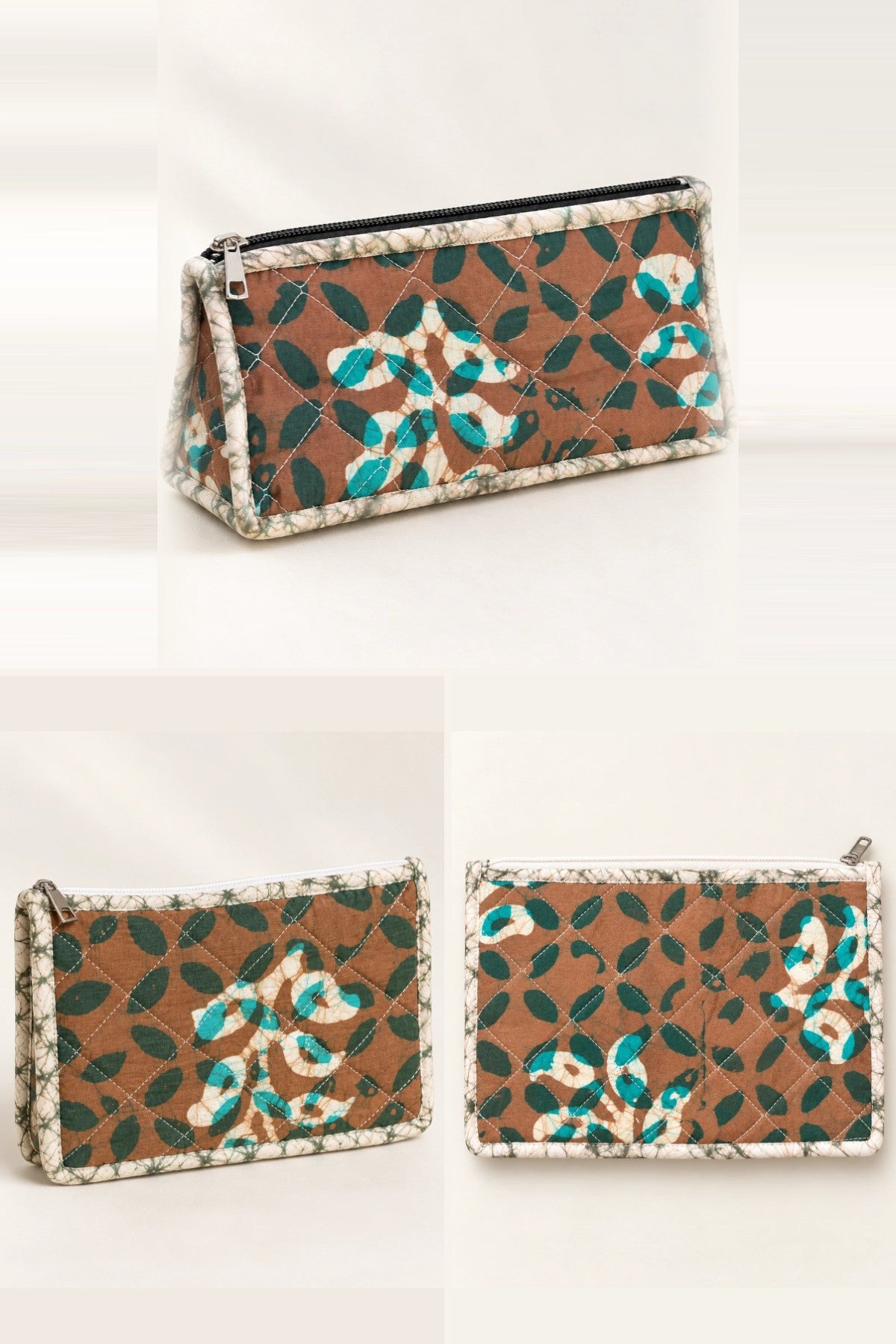 Brown Teal Leaf Pouch Trio: makeup, utility and small pouch, in one batik print | Shades of You