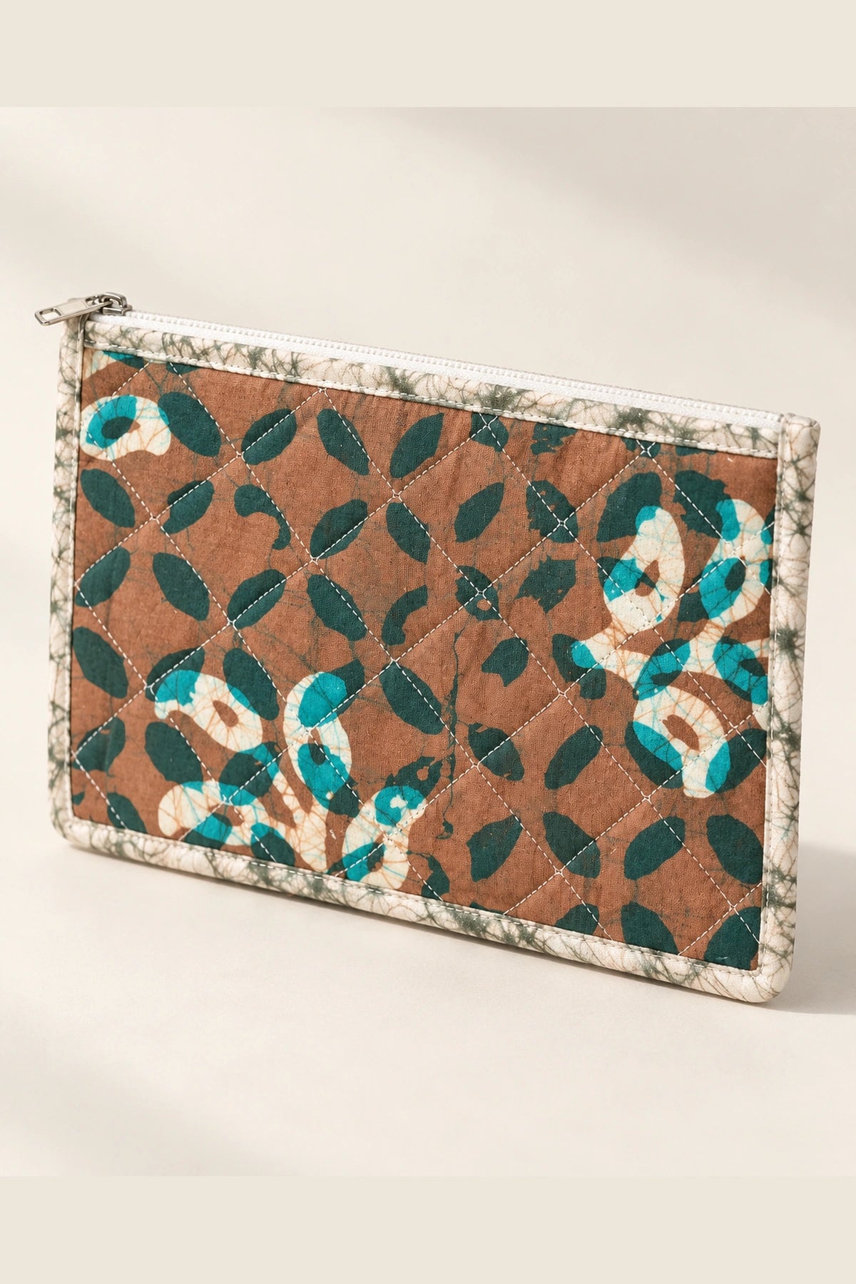 Quilted Batik Small Pouch in Brown Teal Leaf print – back view | Shades of You