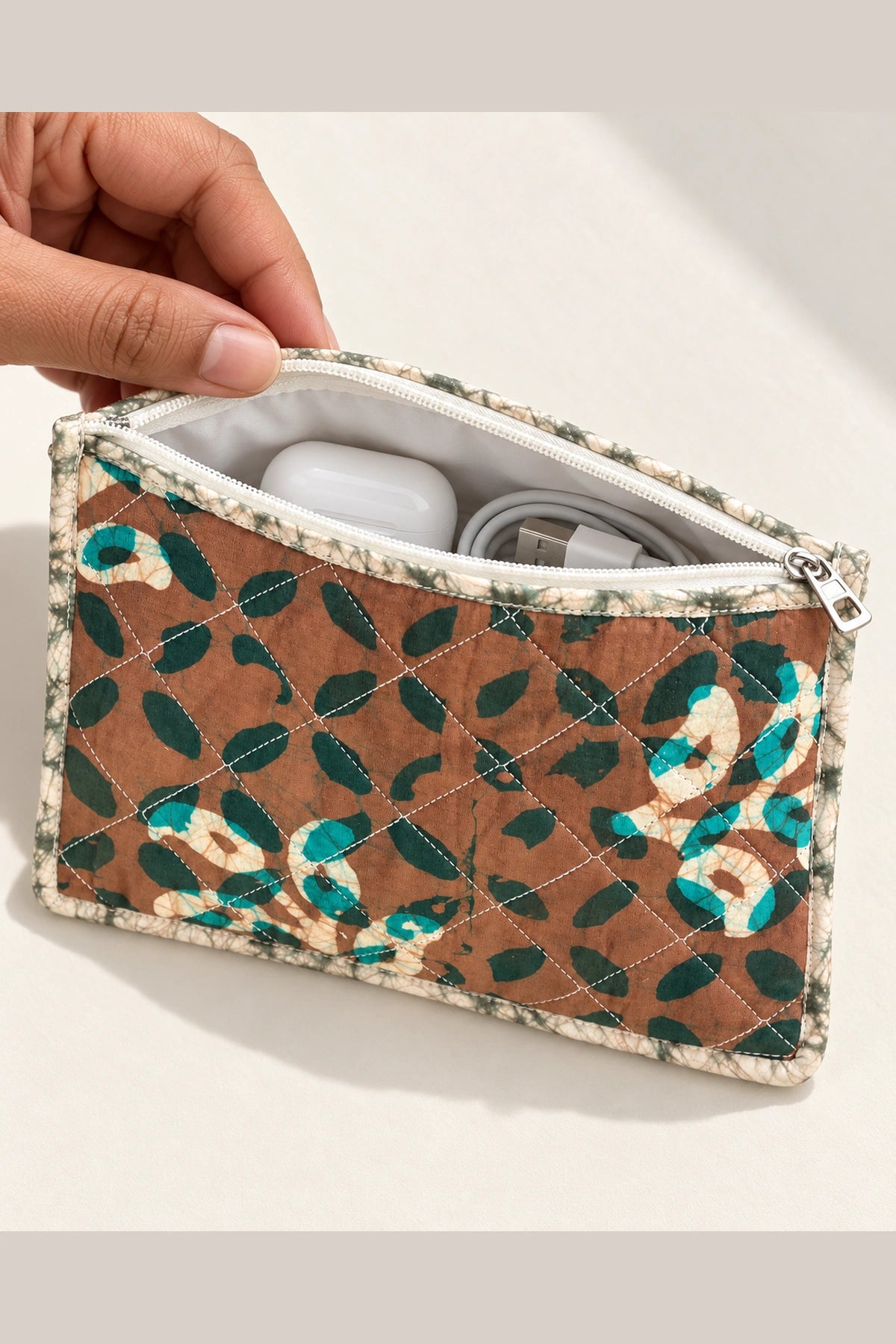 Quilted Batik Small Pouch in Brown Teal Leaf print – open, showing the lined interior | Shades of You