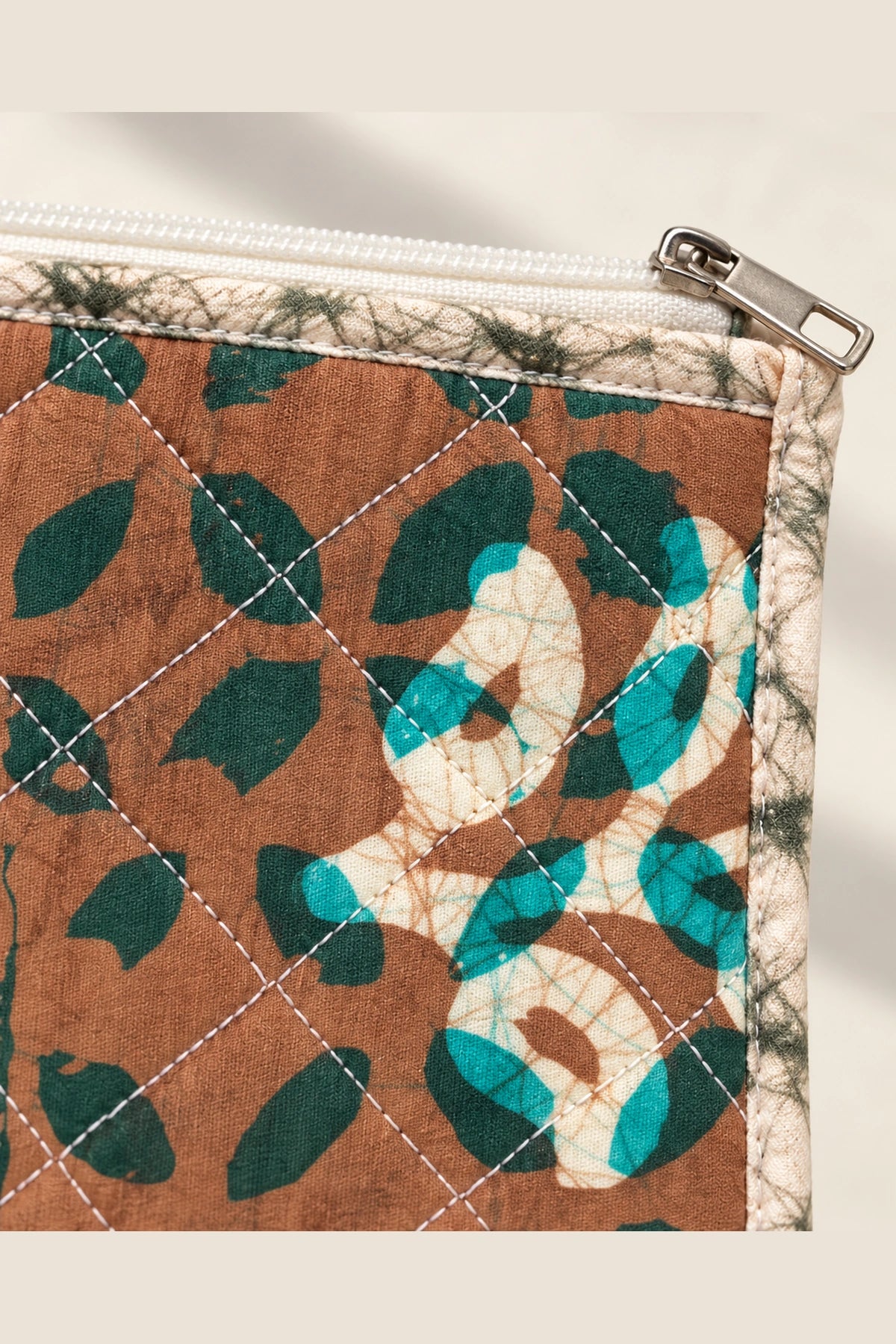Quilted Batik Small Pouch in Brown Teal Leaf print – close-up of zip and quilted batik | Shades of You