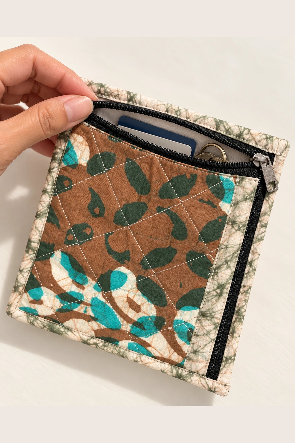Coin Pouch in Brown Teal Leaf print – open, showing keys and cards inside | Shades of You