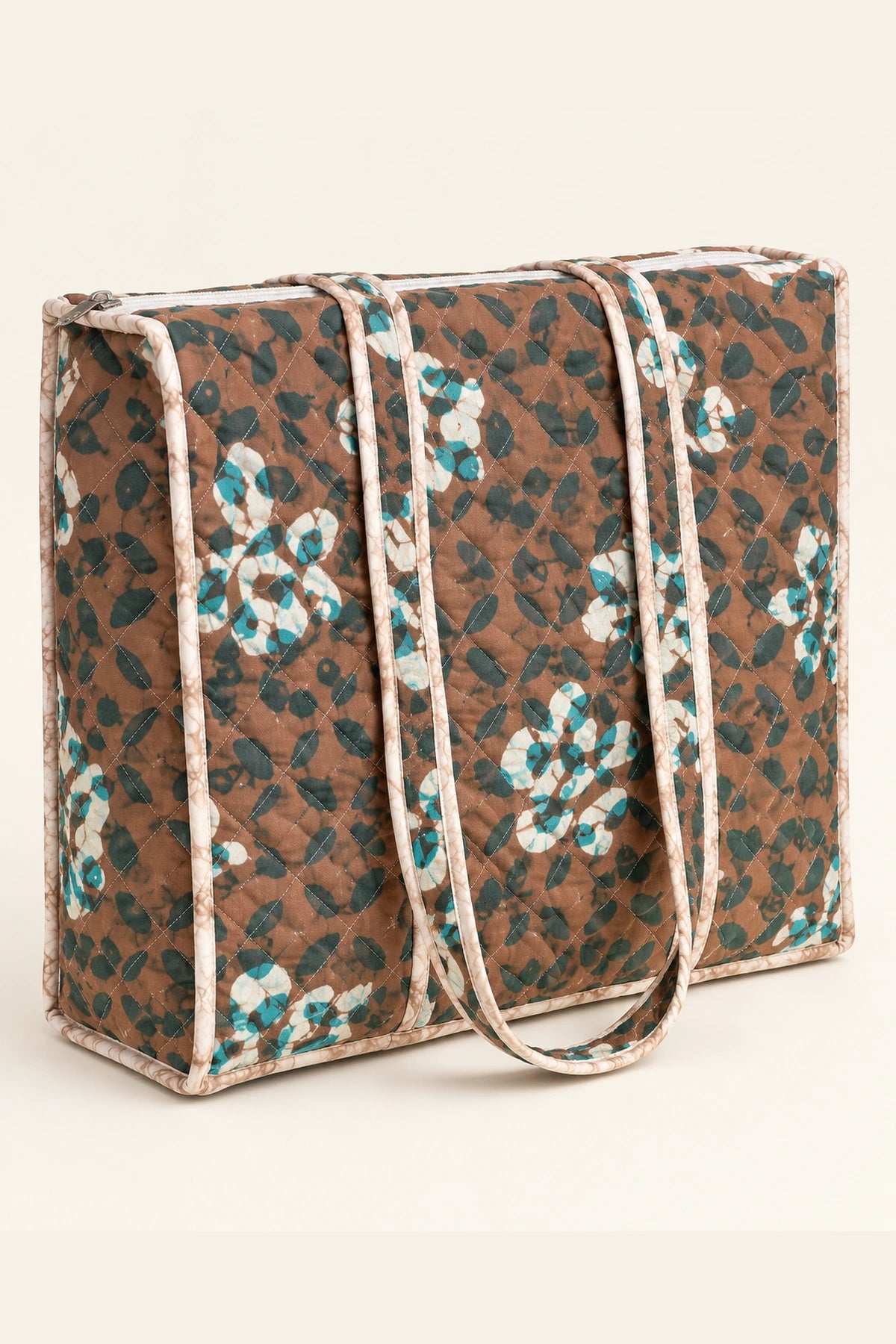 Quilted Batik Tote Bag in Brown Teal Leaf print – back view | Shades of You