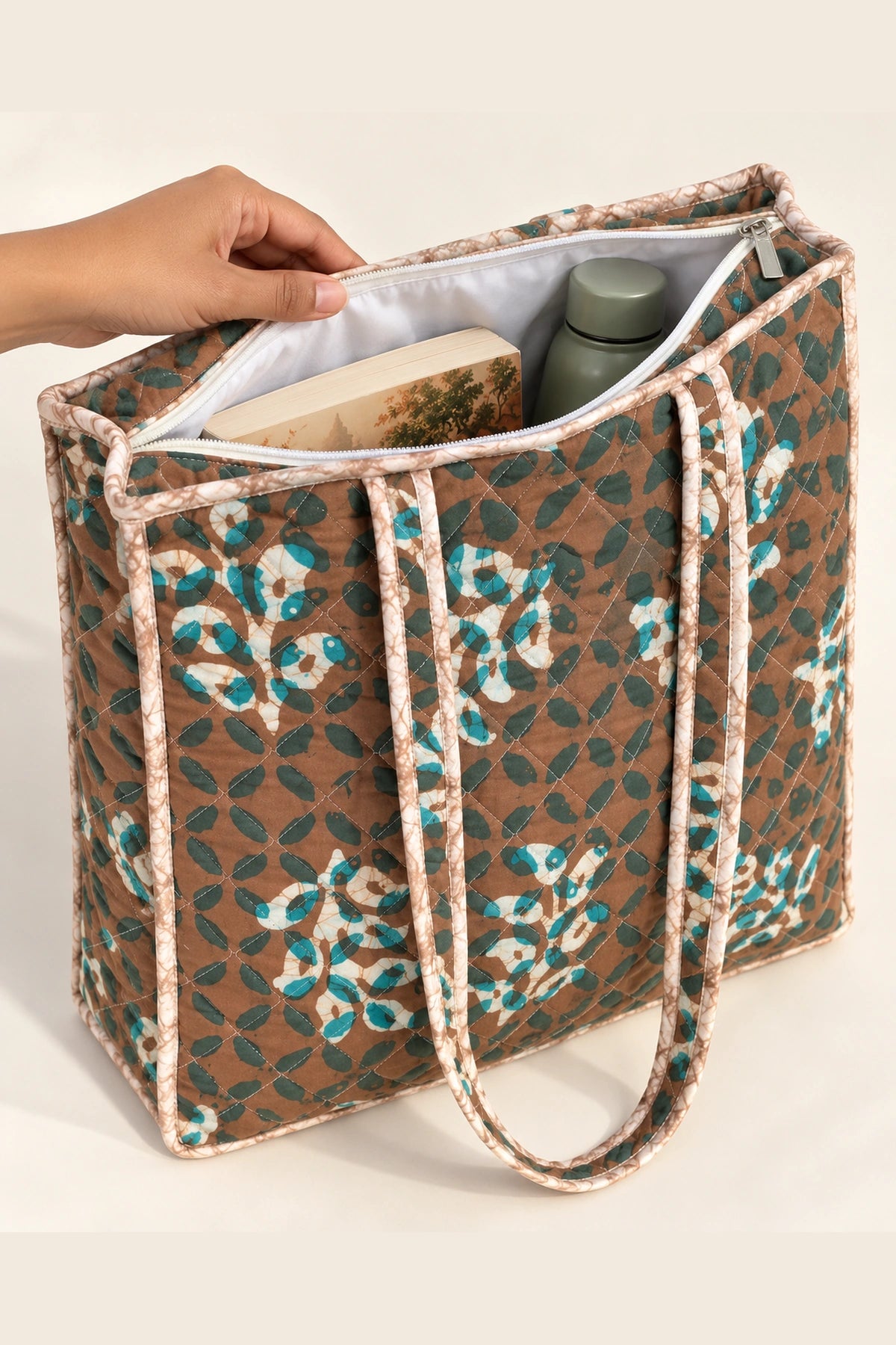 Quilted Batik Tote Bag in Brown Teal Leaf print – open, showing the lined interior | Shades of You