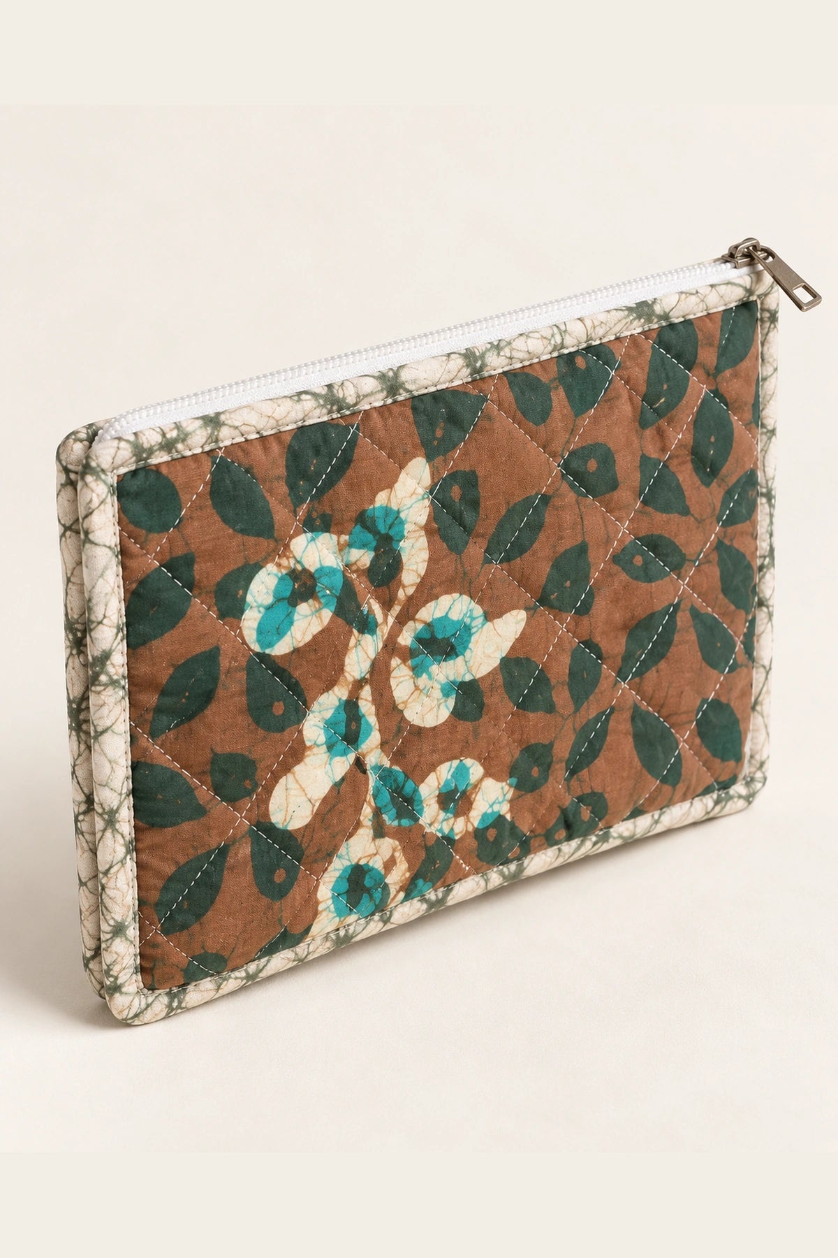 Quilted Batik Utility Pouch in Brown Teal Leaf print – back view | Shades of You