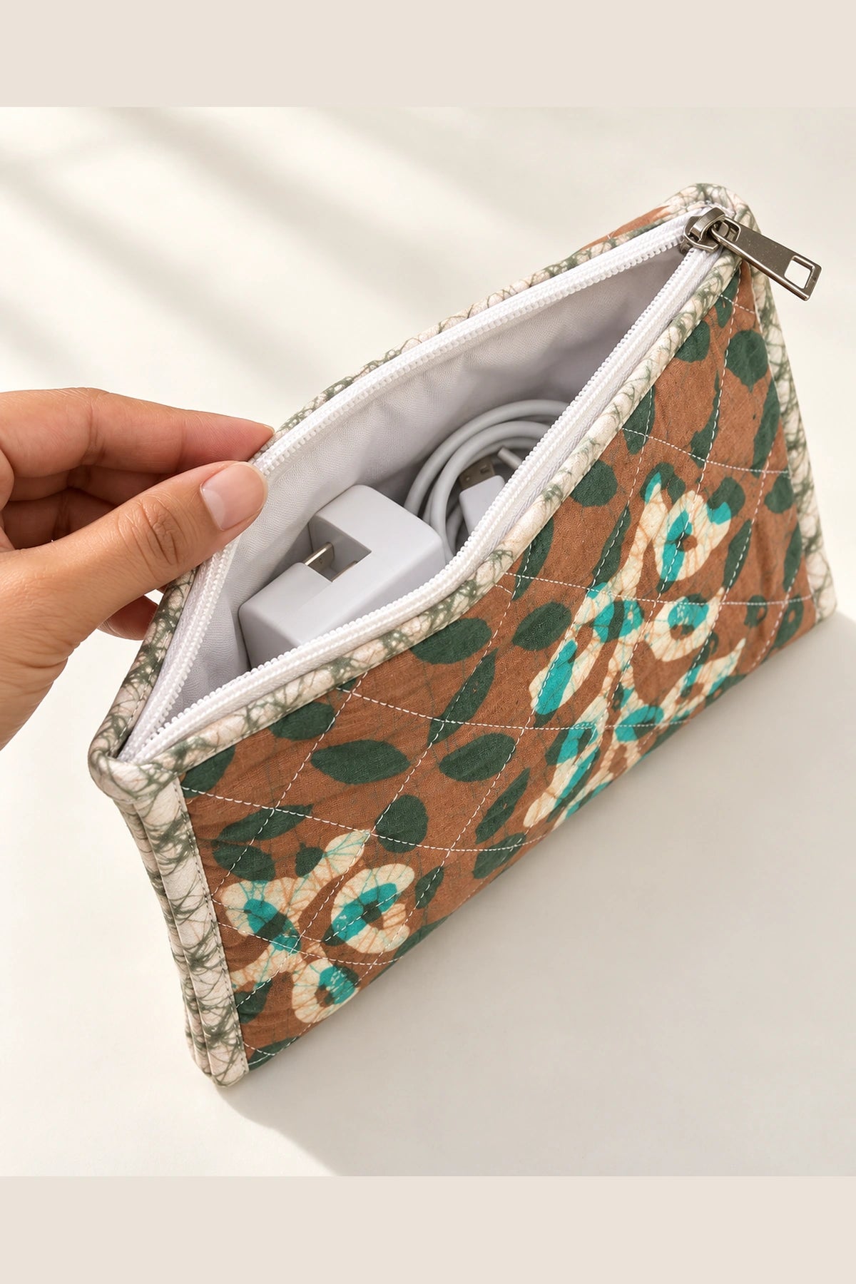 Quilted Batik Utility Pouch in Brown Teal Leaf print – open, showing the lined interior | Shades of You