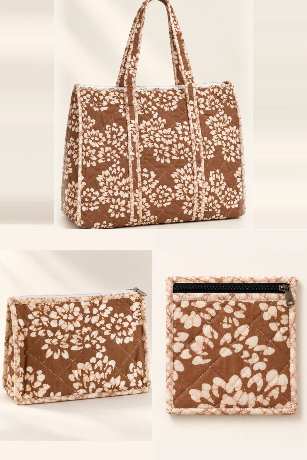 Brown White Floral Everyday Set: tote, makeup pouch and coin pouch, in one batik print | Shades of You