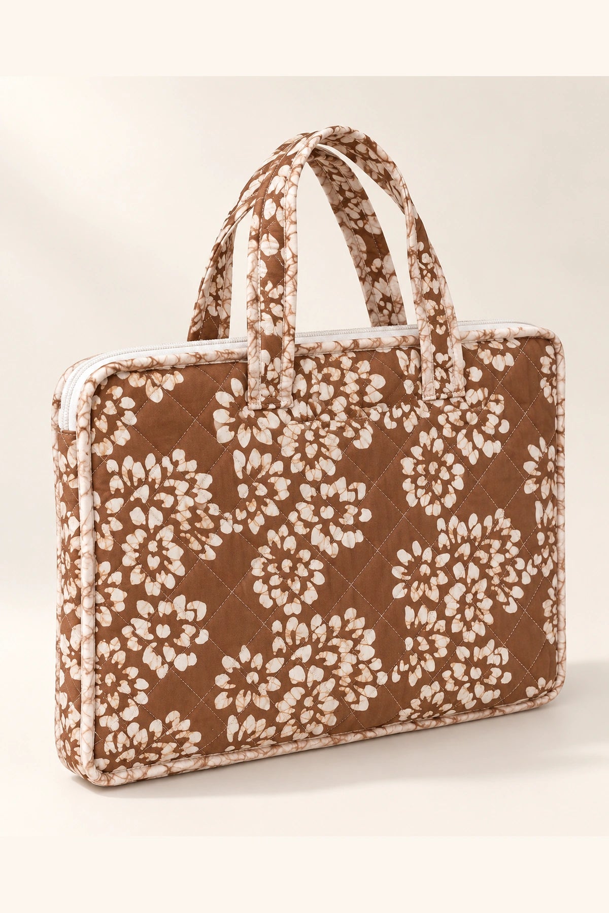 Quilted Batik Laptop Bag in Brown White Floral print – back view | Shades of You