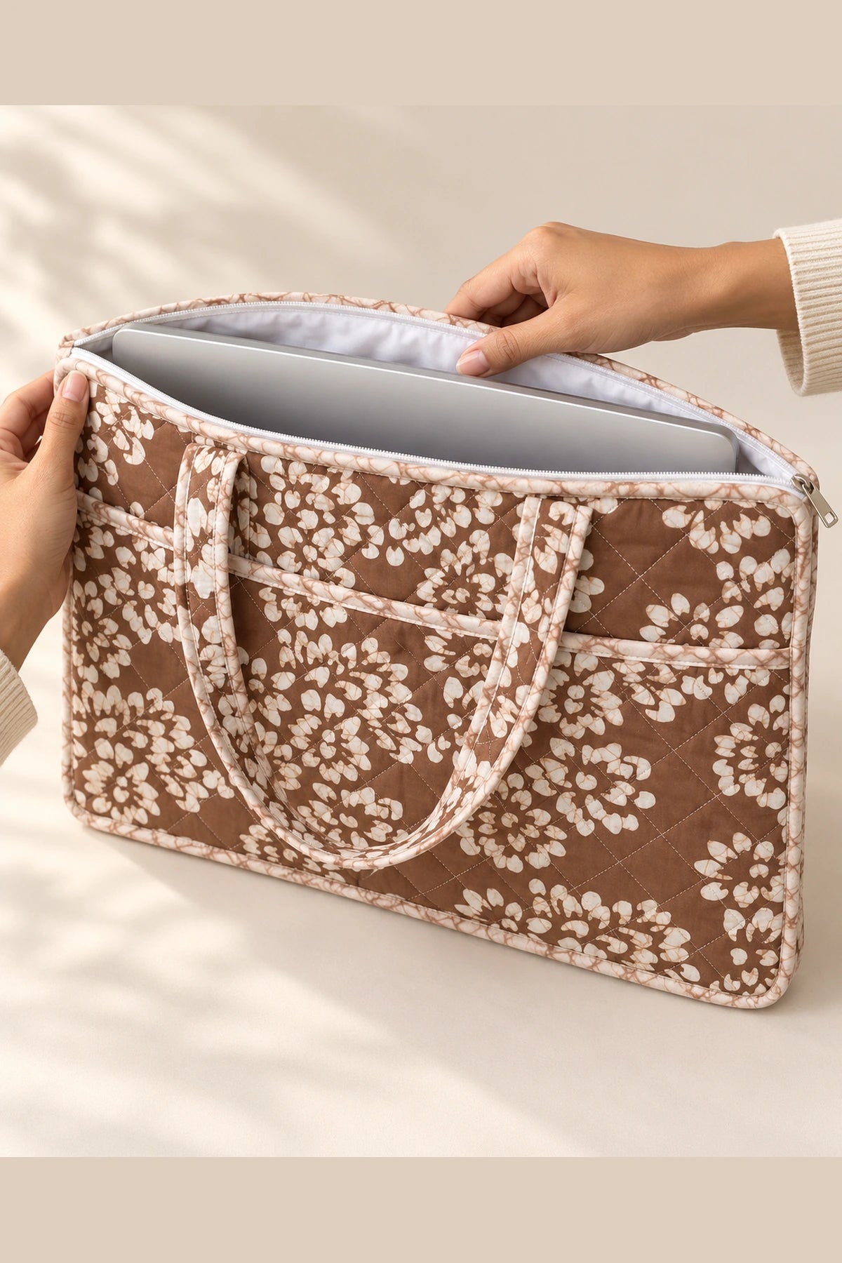 Quilted Batik Laptop Bag in Brown White Floral print – open, showing the lined interior | Shades of You