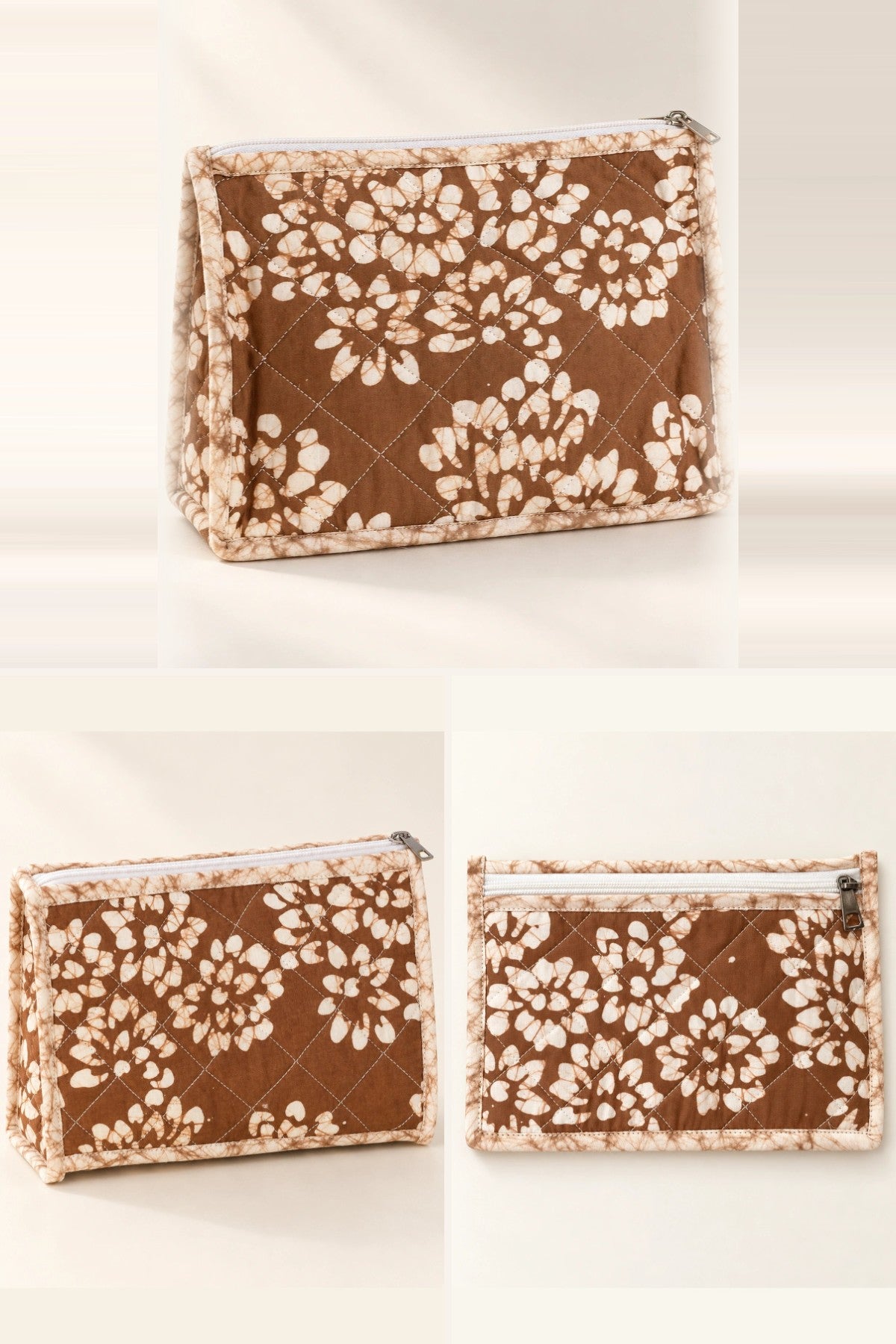 Brown White Floral Pouch Trio: makeup, utility and small pouch, in one batik print | Shades of You