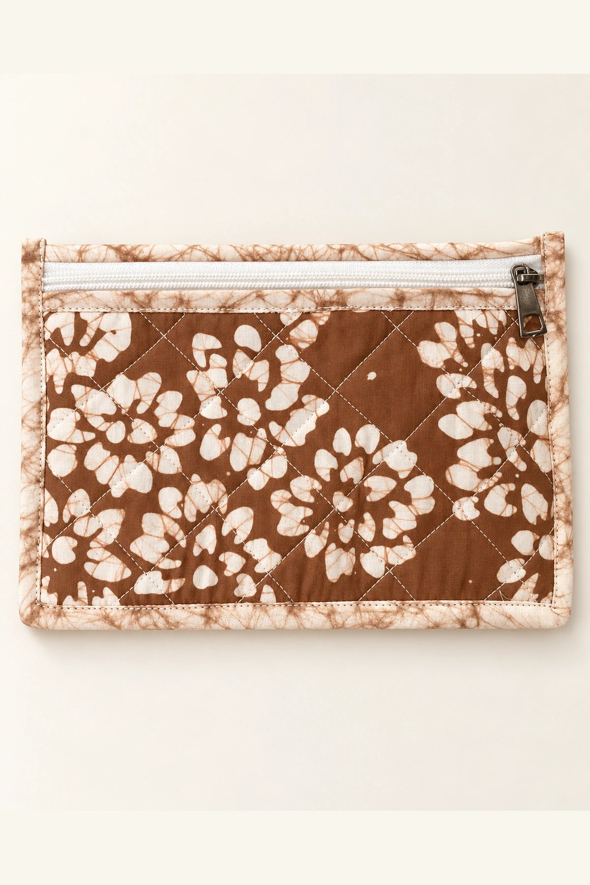 Quilted Batik Small Pouch in Brown White Floral print – front view | Shades of You