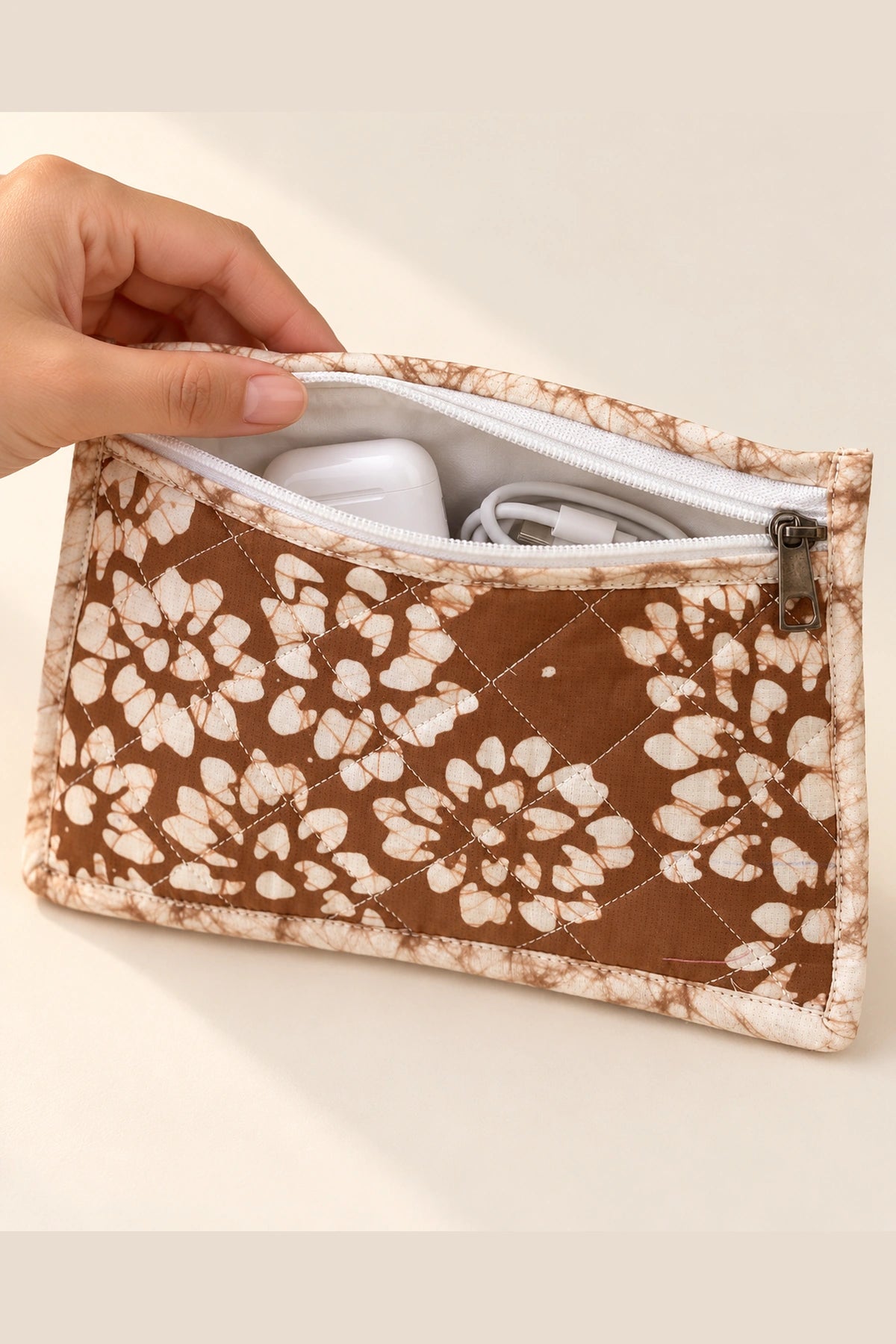 Quilted Batik Small Pouch in Brown White Floral print – open, showing the lined interior | Shades of You