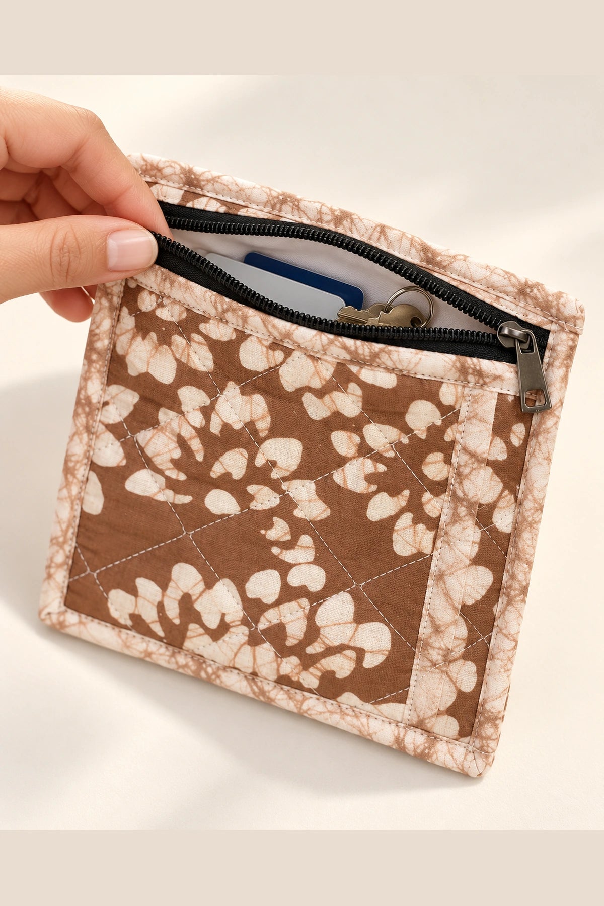 Coin Pouch in Brown White Floral print – open, showing the lined interior | Shades of You