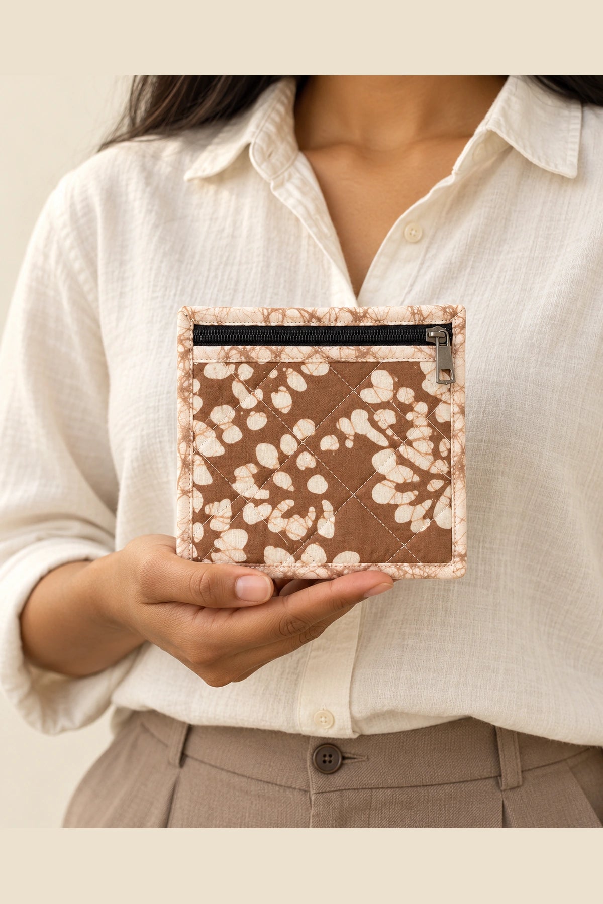 Coin Pouch in Brown White Floral print – held in hand | Shades of You