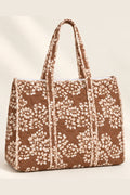 Brown White Floral Quilted Batik Tote Bag