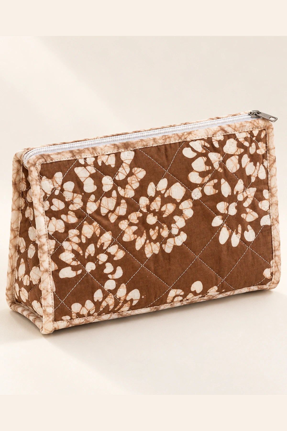 Quilted Batik Utility Pouch in Brown White Floral print – back view | Shades of You
