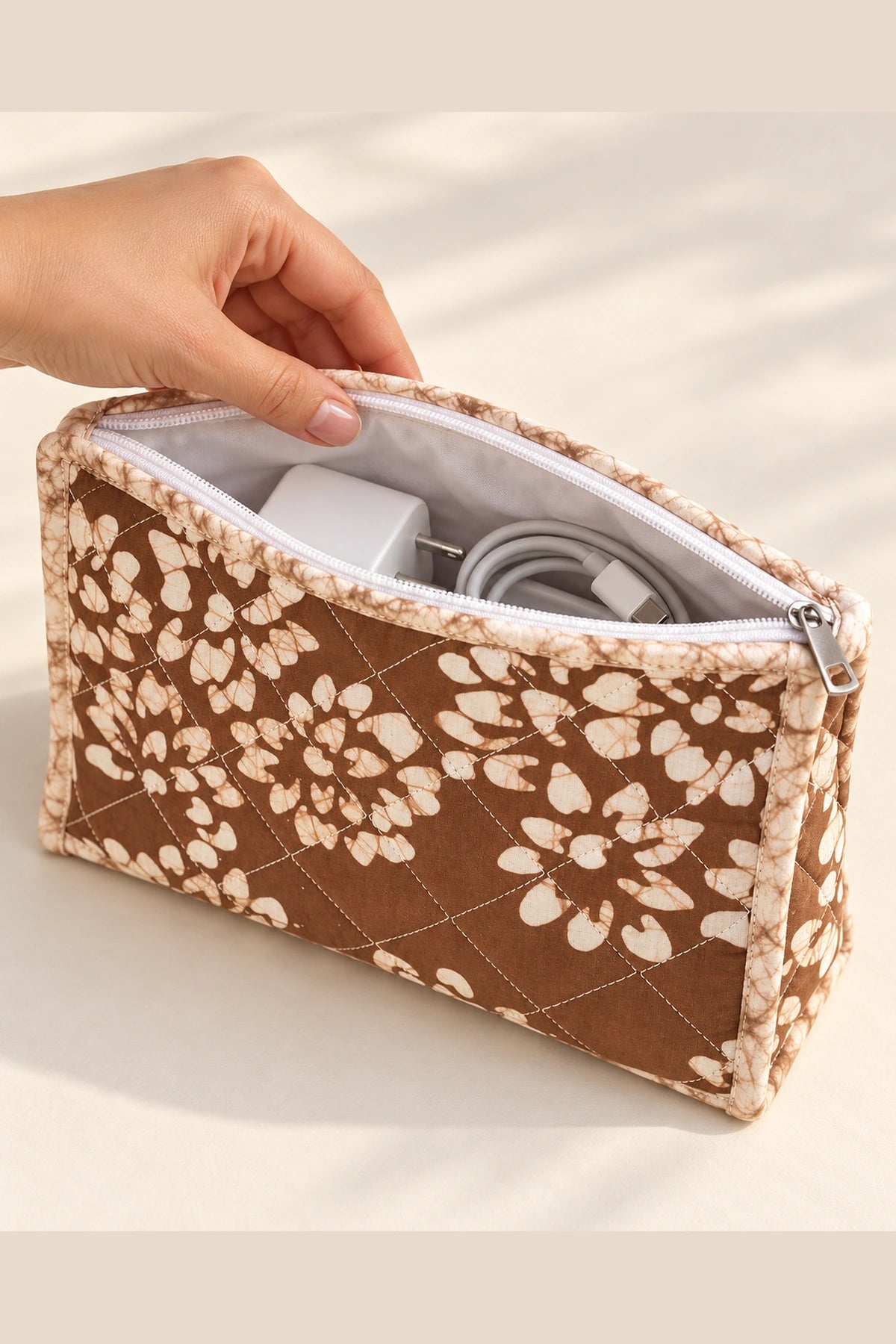Quilted Batik Utility Pouch in Brown White Floral print – open, showing the lined interior | Shades of You