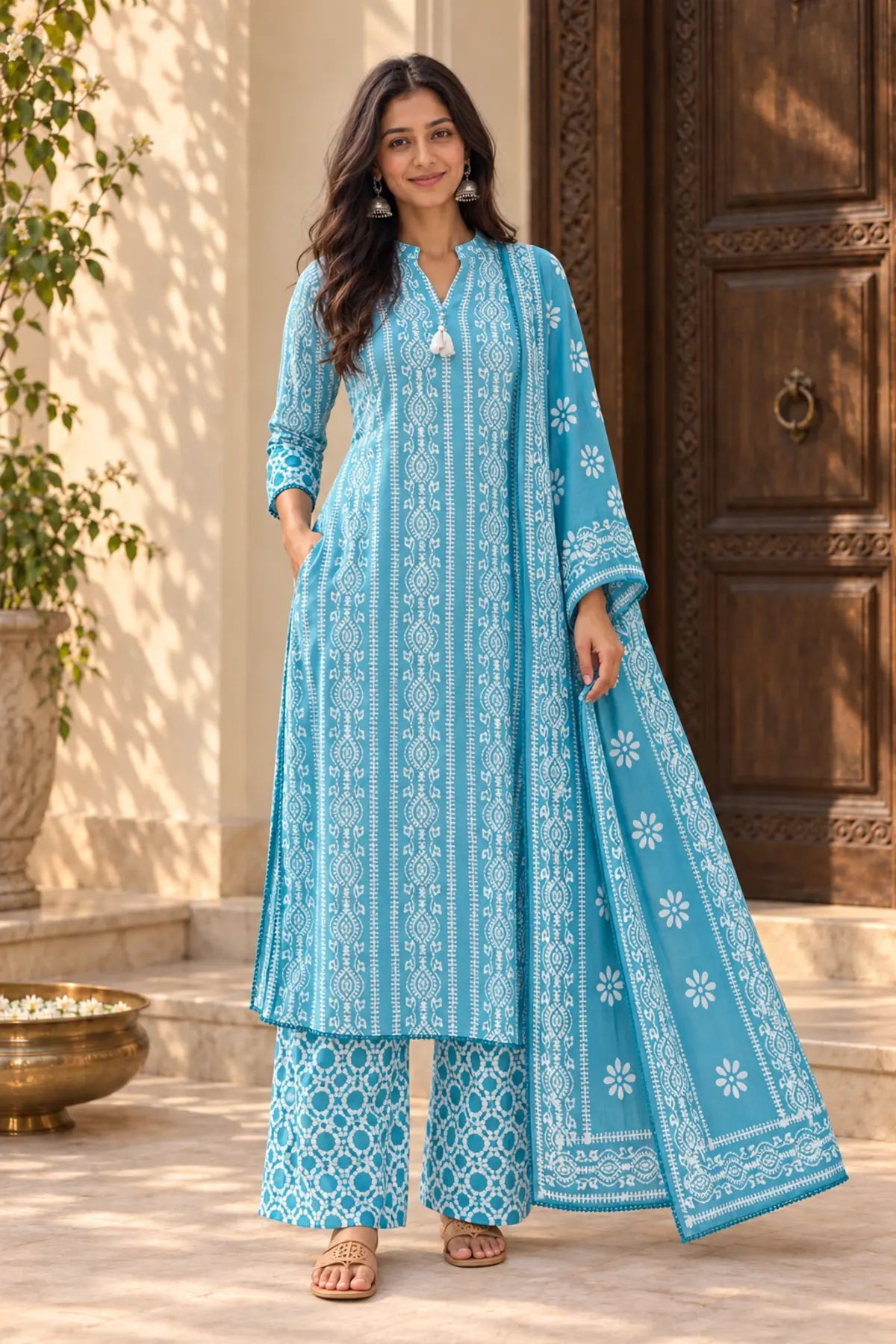 Woman in sky blue Deewani batik kurta set with palazzo and dupatta, front view