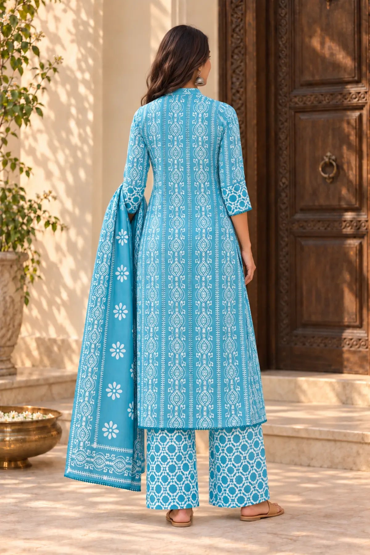 Back view of the sky blue batik kurta set with dupatta