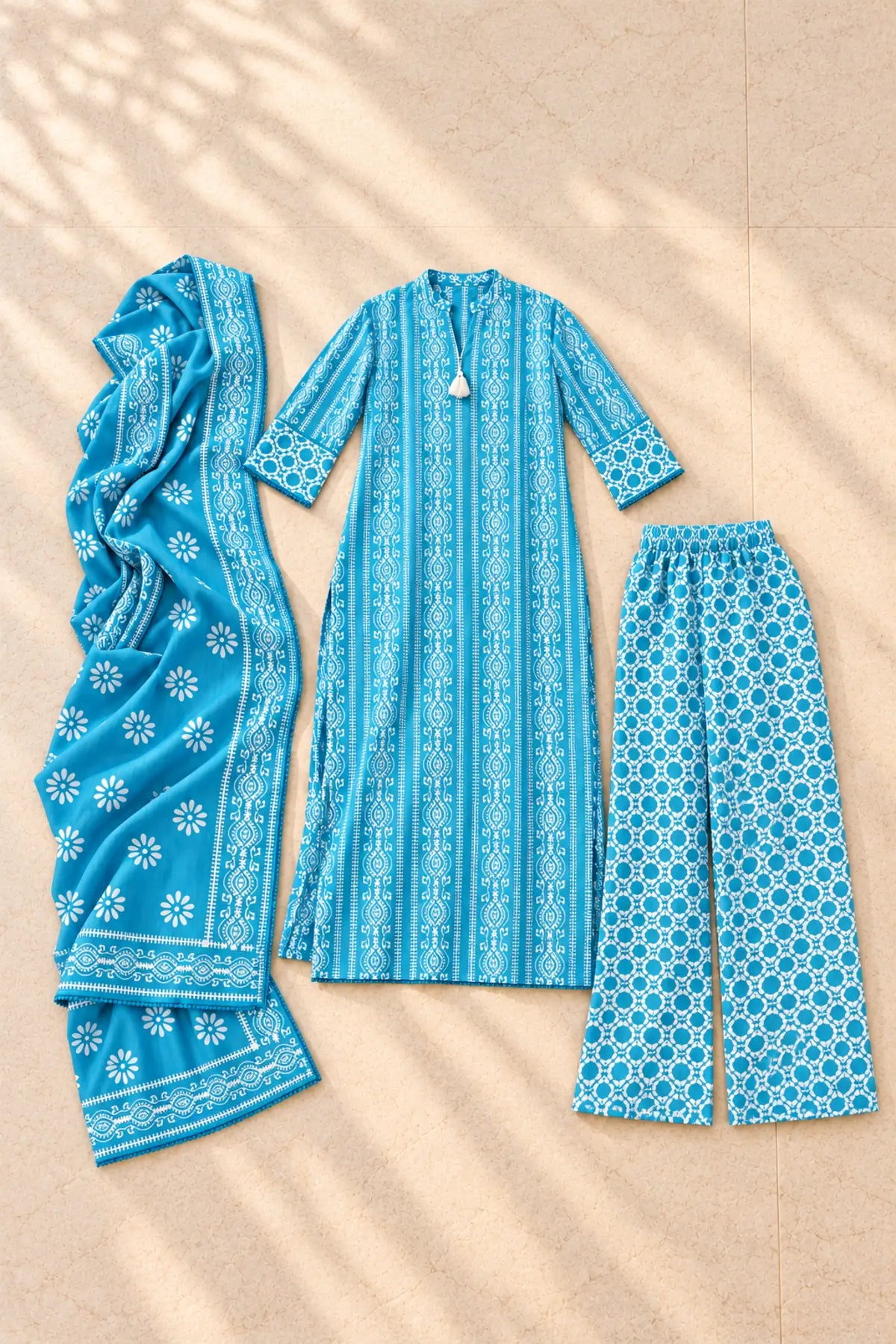 Flat lay of the sky blue batik kurta, palazzo and dupatta