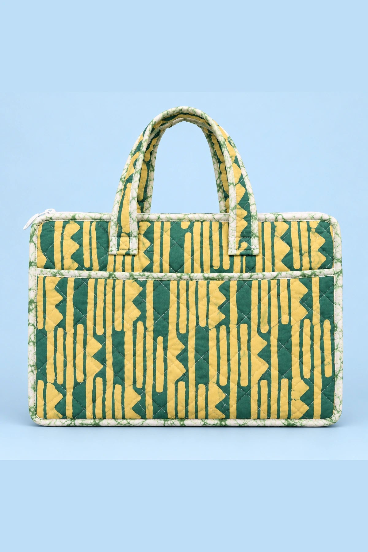 Quilted Batik Laptop Bag in Green Mustard Stripe print – front view | Shades of You