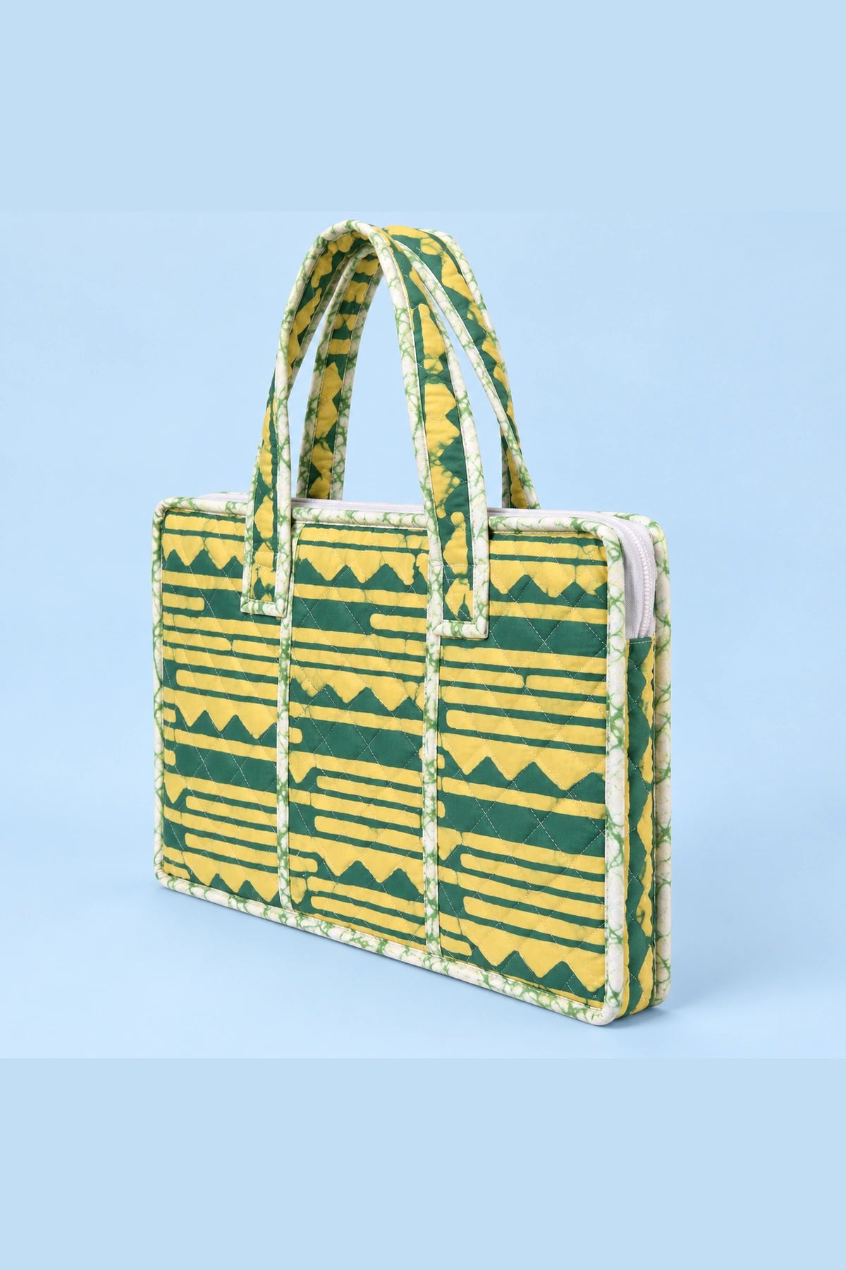 Quilted Batik Laptop Bag in Green Mustard Stripe print – back view | Shades of You
