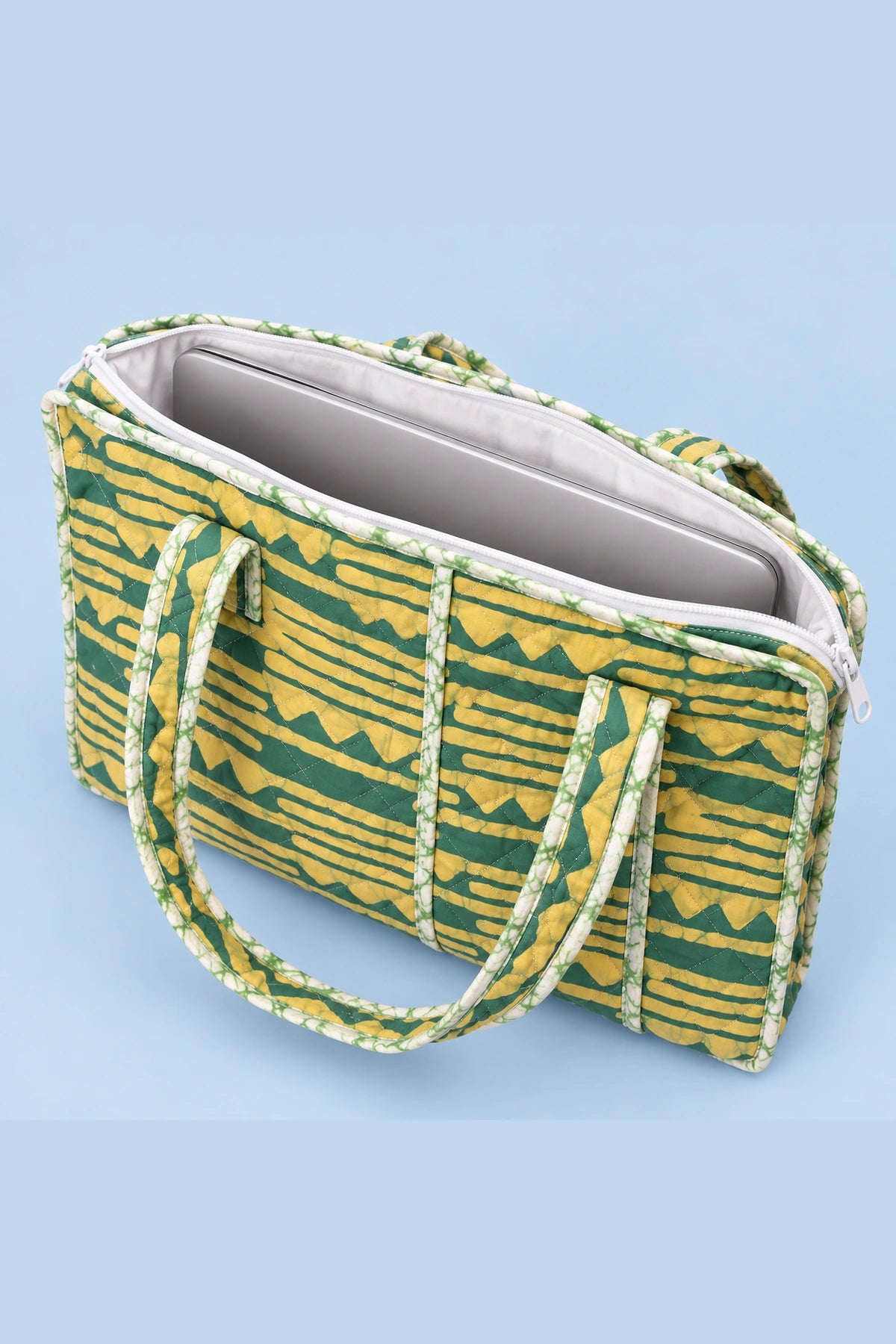 Quilted Batik Laptop Bag in Green Mustard Stripe print – open, showing the lined interior | Shades of You