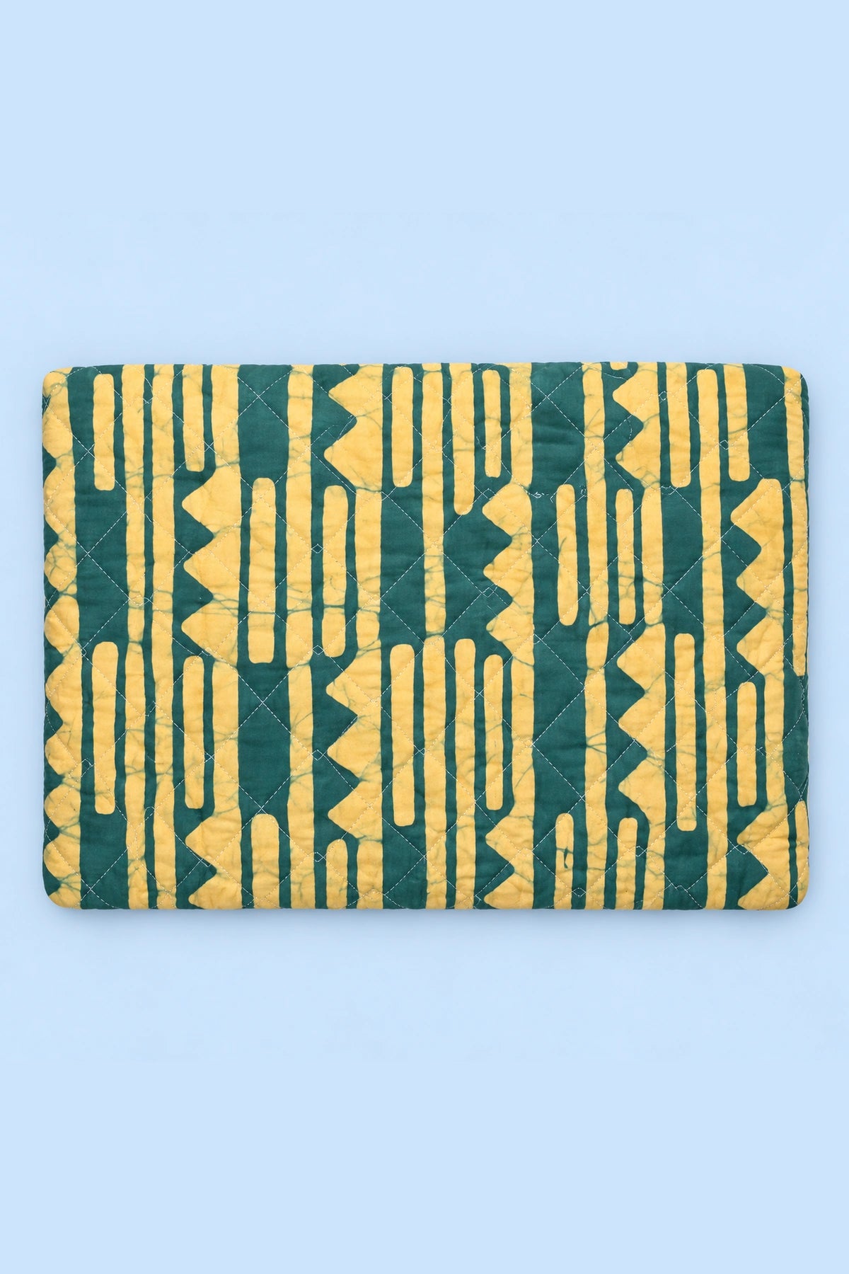 Quilted Batik Laptop Sleeve in Green Mustard Stripe print – front view | Shades of You
